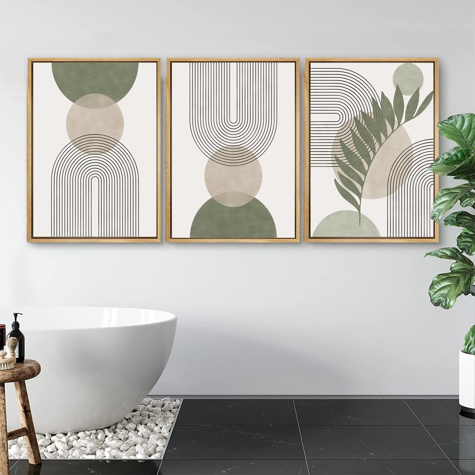 Sage Green Framed Wall Art Set of 3 - Minimalist Boho Decor with Geometric Leaf Sun Moon Design - Abstract Botanical Canvas Prints for Living Room, Bedroom & Office Decor