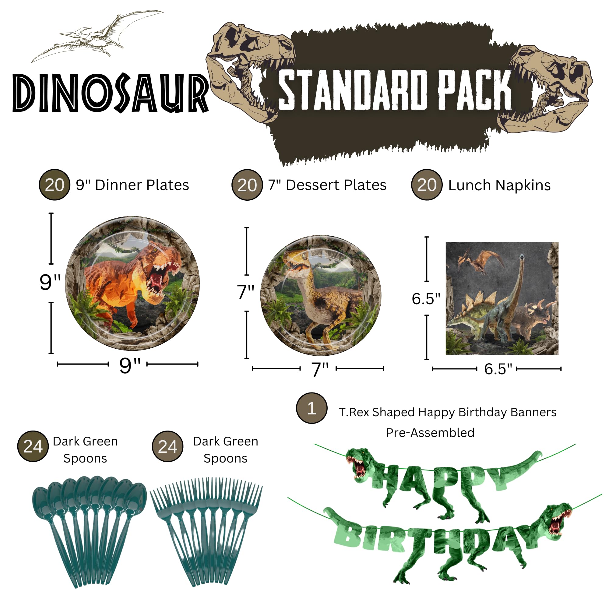 Dinosaur Party Supplies Set (109 Pcs) - Disposable Dinosaur-Themed Tableware Kit with Plates, Napkins, Banner, Forks & Spoons - Perfect for Kids Birthday Parties, Baby Showers & Themed Events (Serves 20 Guests)