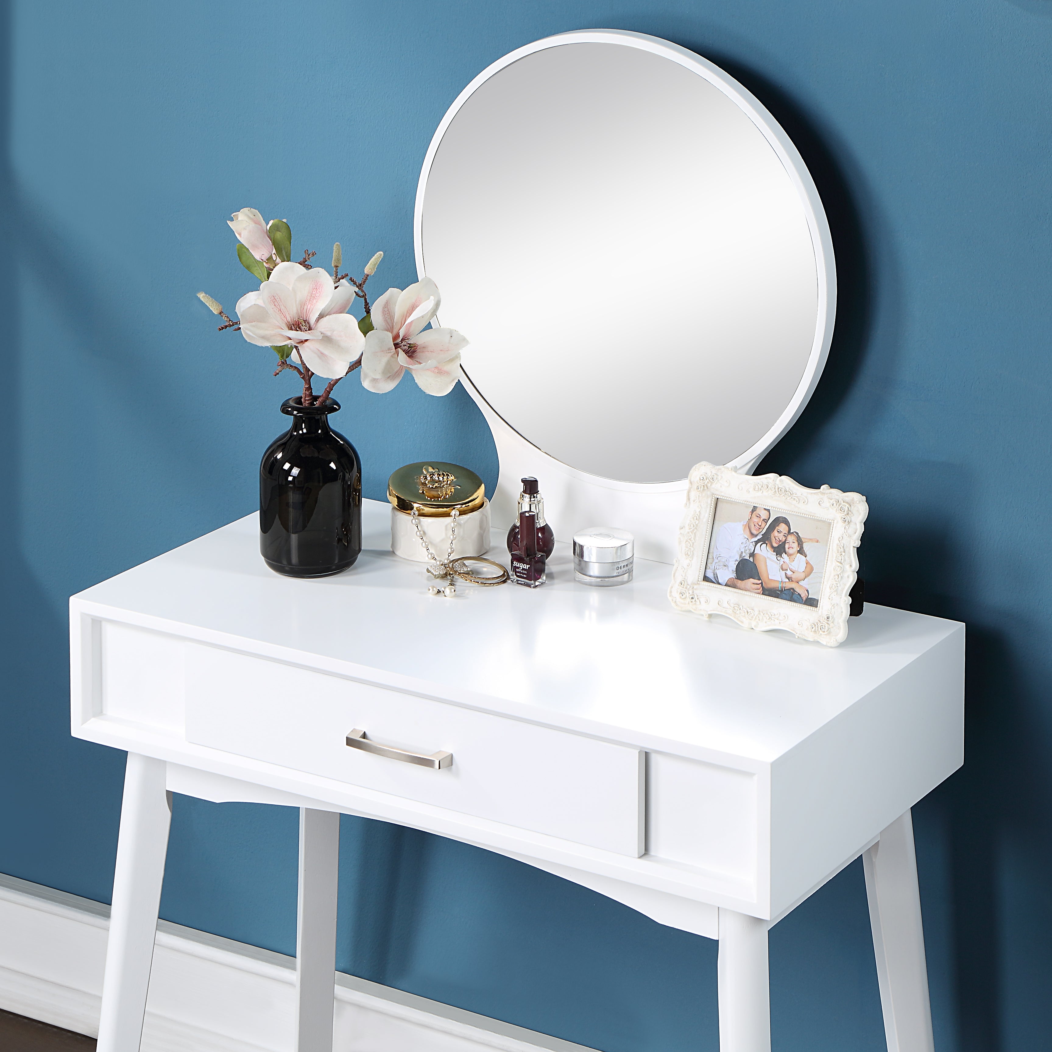 Roundhill Furniture Maly Contemporary Wood Vanity and Stool Set in White - Modern Dressing Table with Stool for Bedroom Makeup & Beauty Station