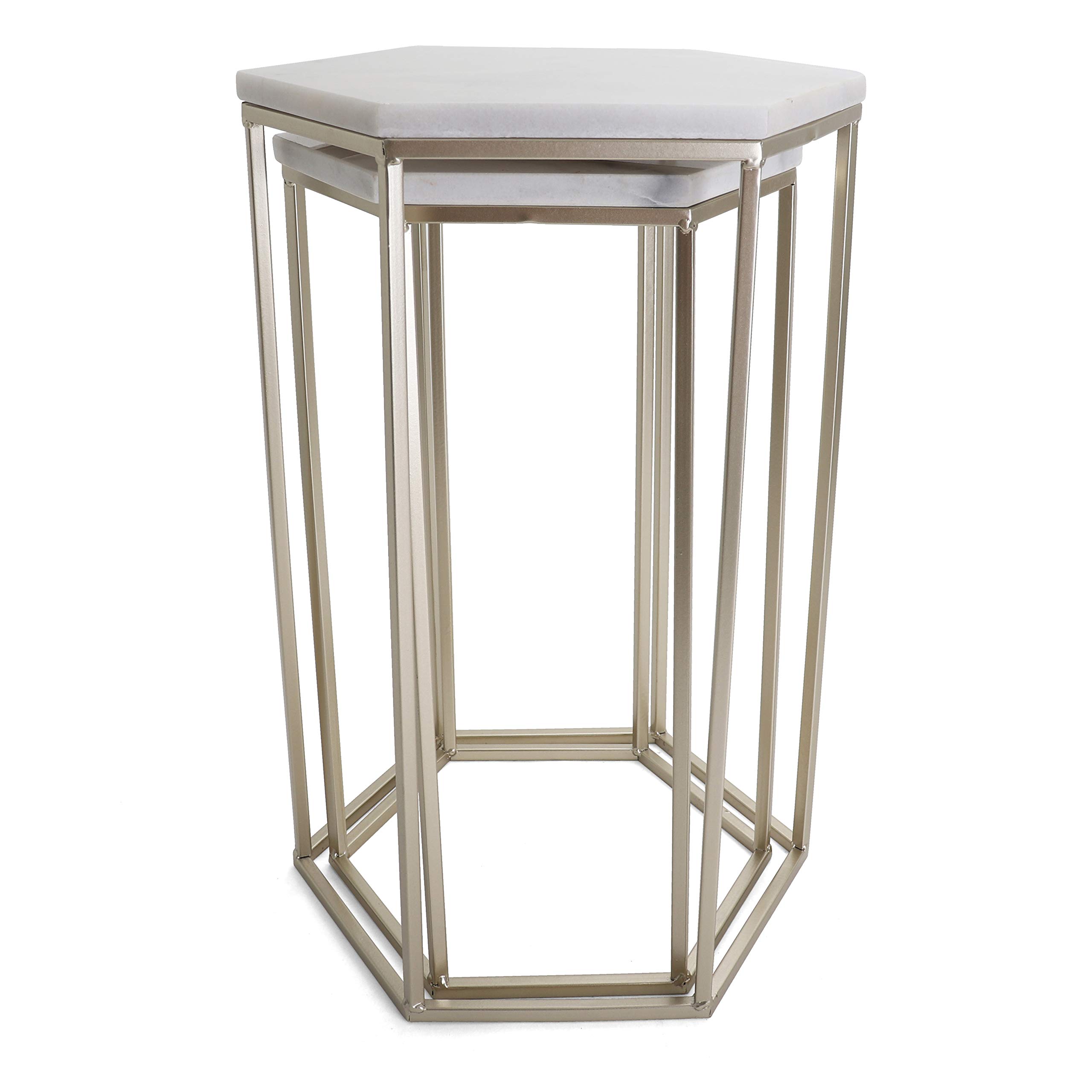Hexagon End Table Set with Mirrored Tops - Geometric Nesting Accent Tables - Gold Marble Metal Side Tables for Living Room, Bedroom & Office Decor