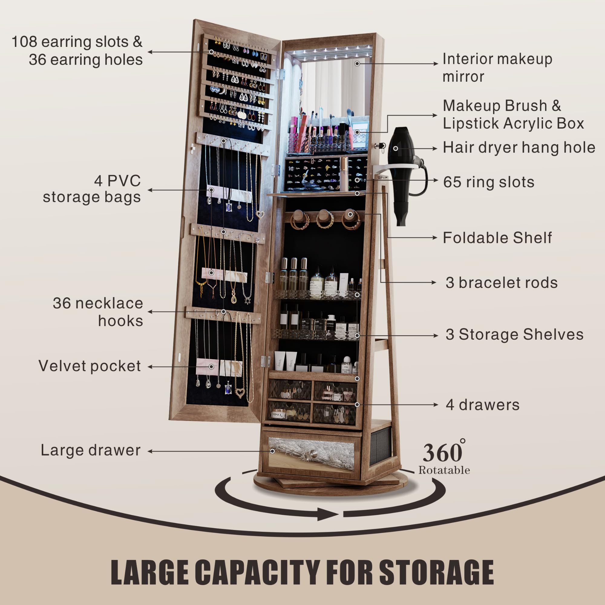 HWB Full Length Mirror with Storage - Standing Jewelry Cabinet with LED Lights, 360° Rotatable Jewelry Armoire Organizer with Foldable Makeup Shelf, Brown - Perfect for Bedroom, Dressing Room & Closet Organization