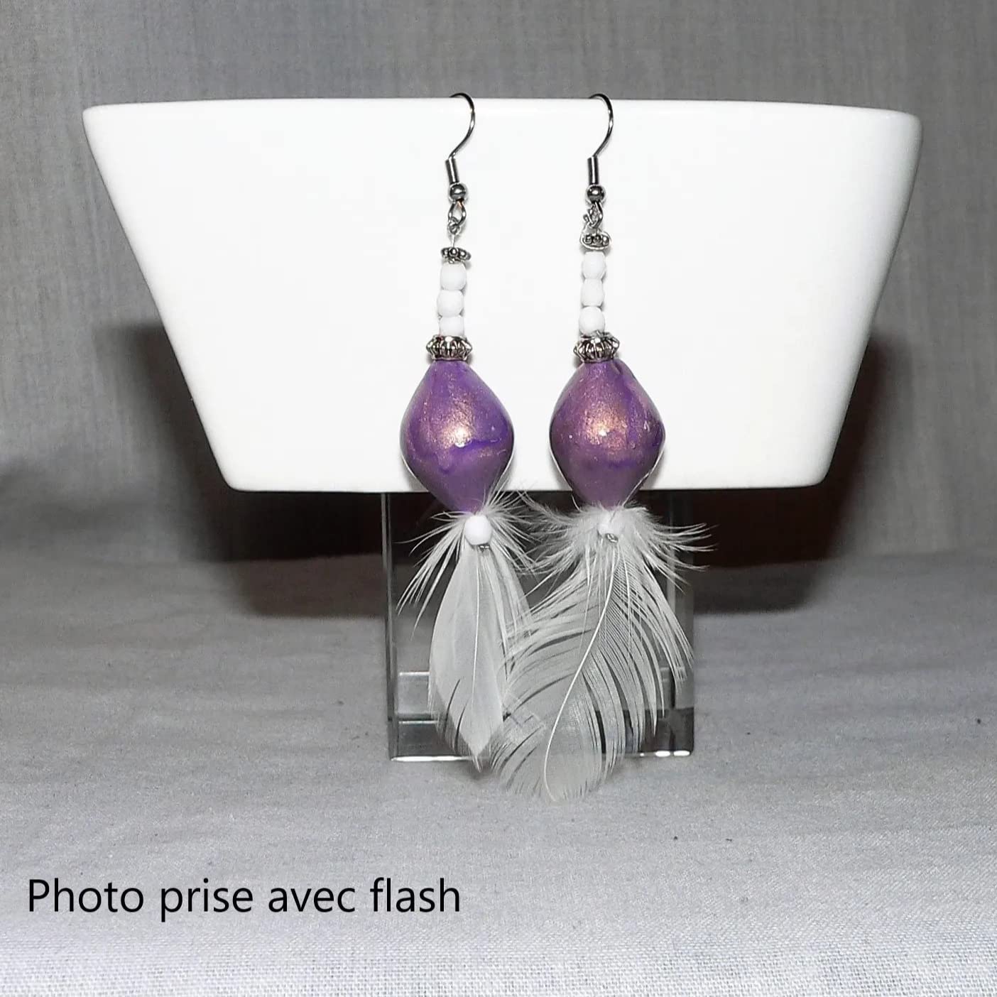 Elegant Ceramic & Feather Earrings for Women - White & Purple Dangle Earrings | Boho Chic Jewelry for Parties, Weddings & Everyday Wear