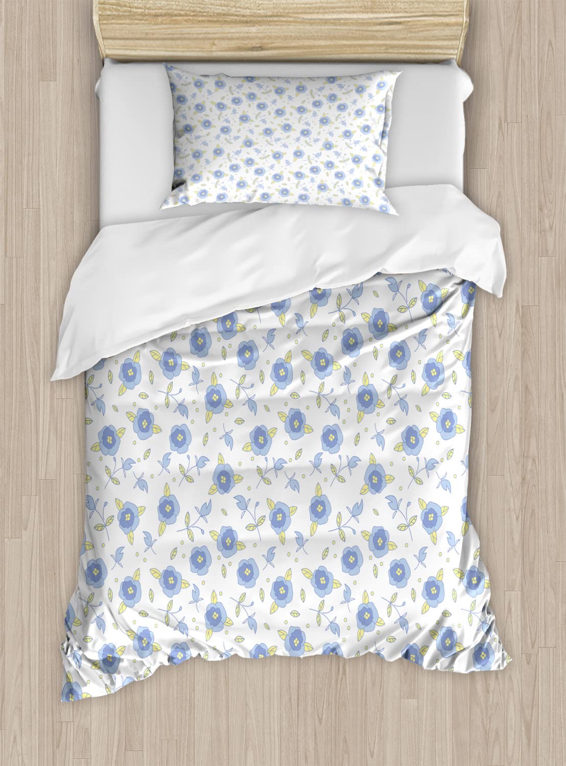 Ambesonne Floral Duvet Cover Set - Blue Summer Rose Flowers with Leaves Pattern, 2-Piece King Size Bedding Set Includes 2 Duvet Covers & 4 Pillowcases (Pale Yellow/Blue/Violet) for Master Bedroom, Guest Room & Vacation Home Decor