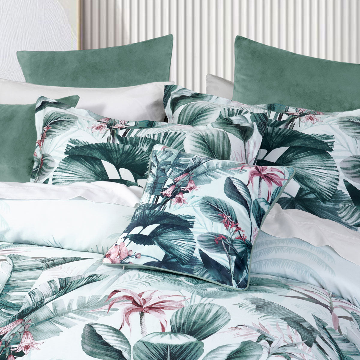Bianca Abbey Green Cotton Sateen Tropical Floral Quilt Cover Set King Size - Luxury Bedding for Master Bedroom & Guest Room Decor