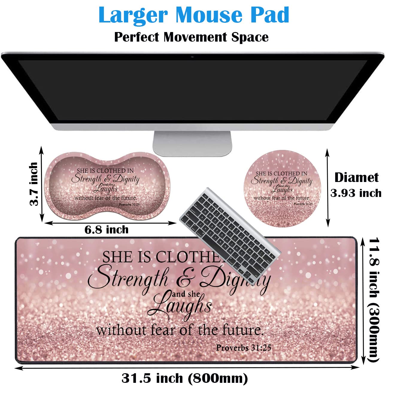 3-Piece Premium Mouse Pad Set with Stitched Edges - Extra Large Non-Slip Desk Mat, Keyboard Pad & Memory Foam Wrist Rest - Includes Inspirational Bible Verse (Proverbs 31:25) - Perfect for Office, Home & Gaming Workstations