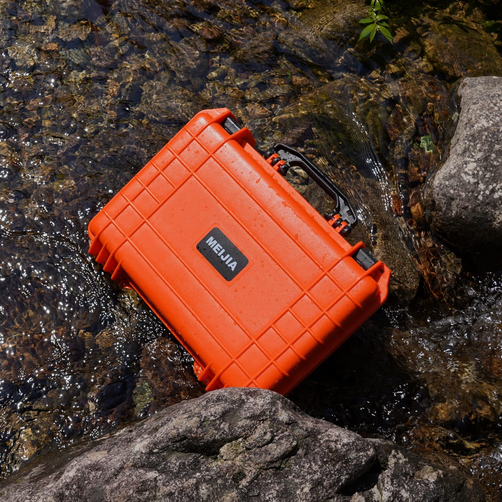 MEIJIA 13.35 x 11.63 x 5.98 Inches Waterproof Hard Protective Case with Custom Foam Insert - Shockproof Storage for Drones, Cameras, Pistols & Equipment - All Weather Travel & Outdoor Adventure Gear (Orange)