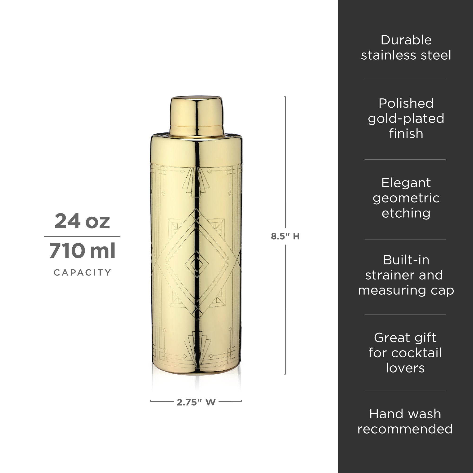 Vintage Art Deco Gold Cocktail Shaker Set - 24K Gold Plated Bar Mixing Tool for Martini, Margarita & Whiskey Sour - Perfect for Home Bars, Parties & Professional Bartenders