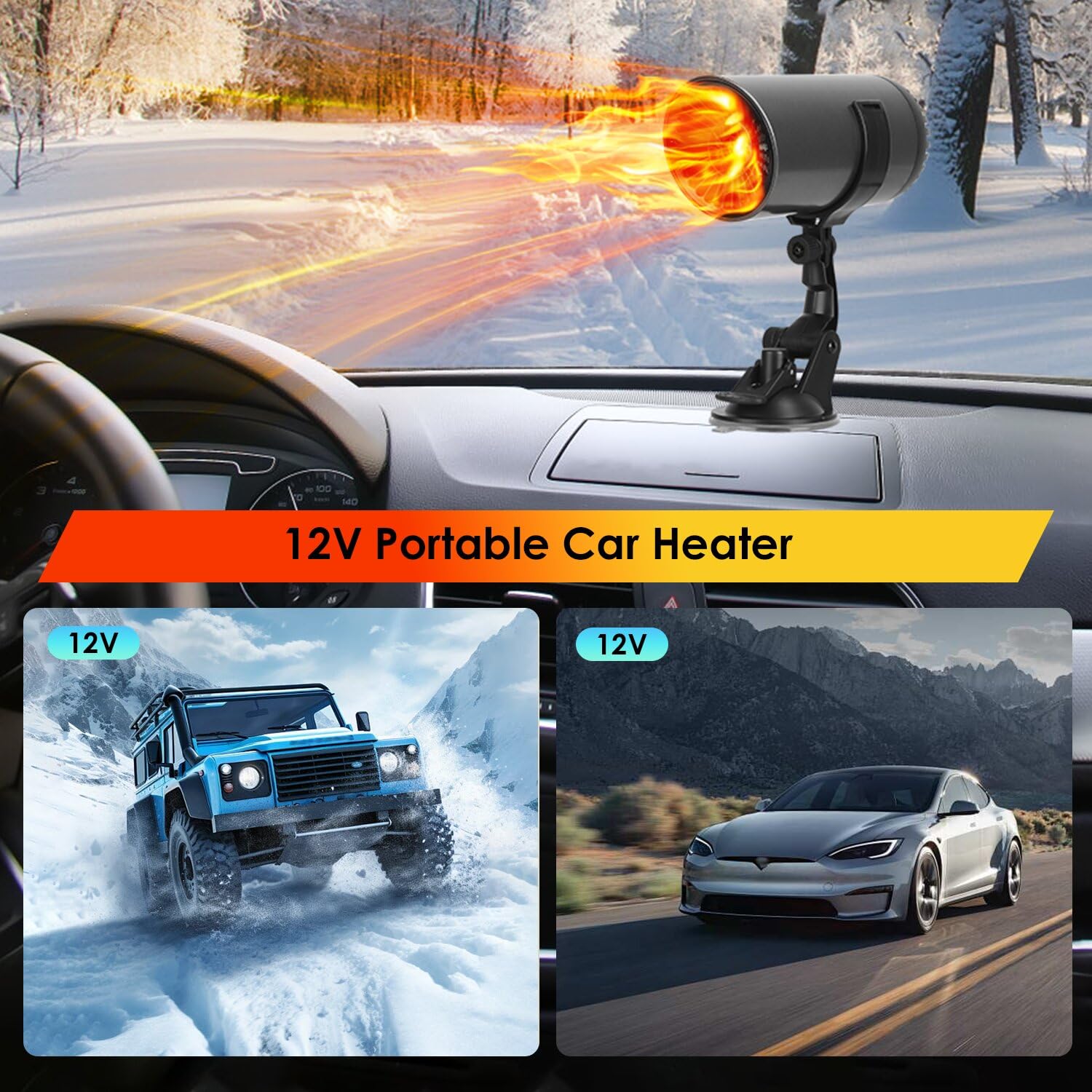 12V 150W Portable Car Heater & Defroster - Dual Function Heating & Cooling Fan for Quick Defrosting - Cigarette Lighter Plug for Cars, SUVs, RVs, Jeeps & Trucks | Perfect for Winter Driving & Foggy Windows