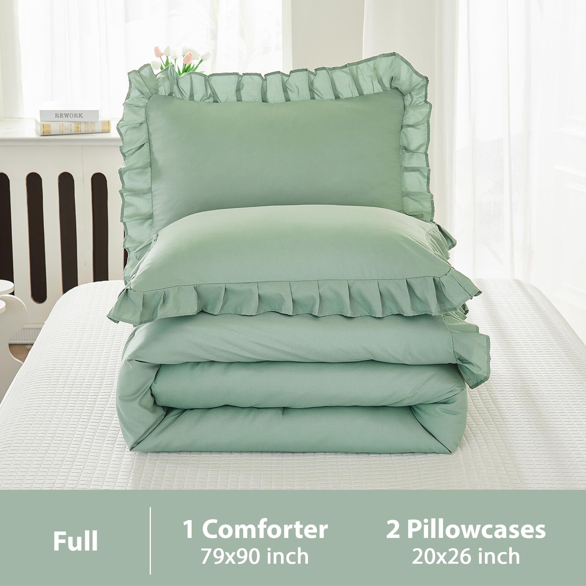 Andency Sage Green Comforter Set Full 3-Piece - Lightweight Soft Ruffle Bedding, Farmhouse Rustic Fluffy Microfiber Down Alternative Comforter (79x90 Inches) - Perfect for Guest Rooms, Master Bedrooms & Cozy Farmhouse Decor
