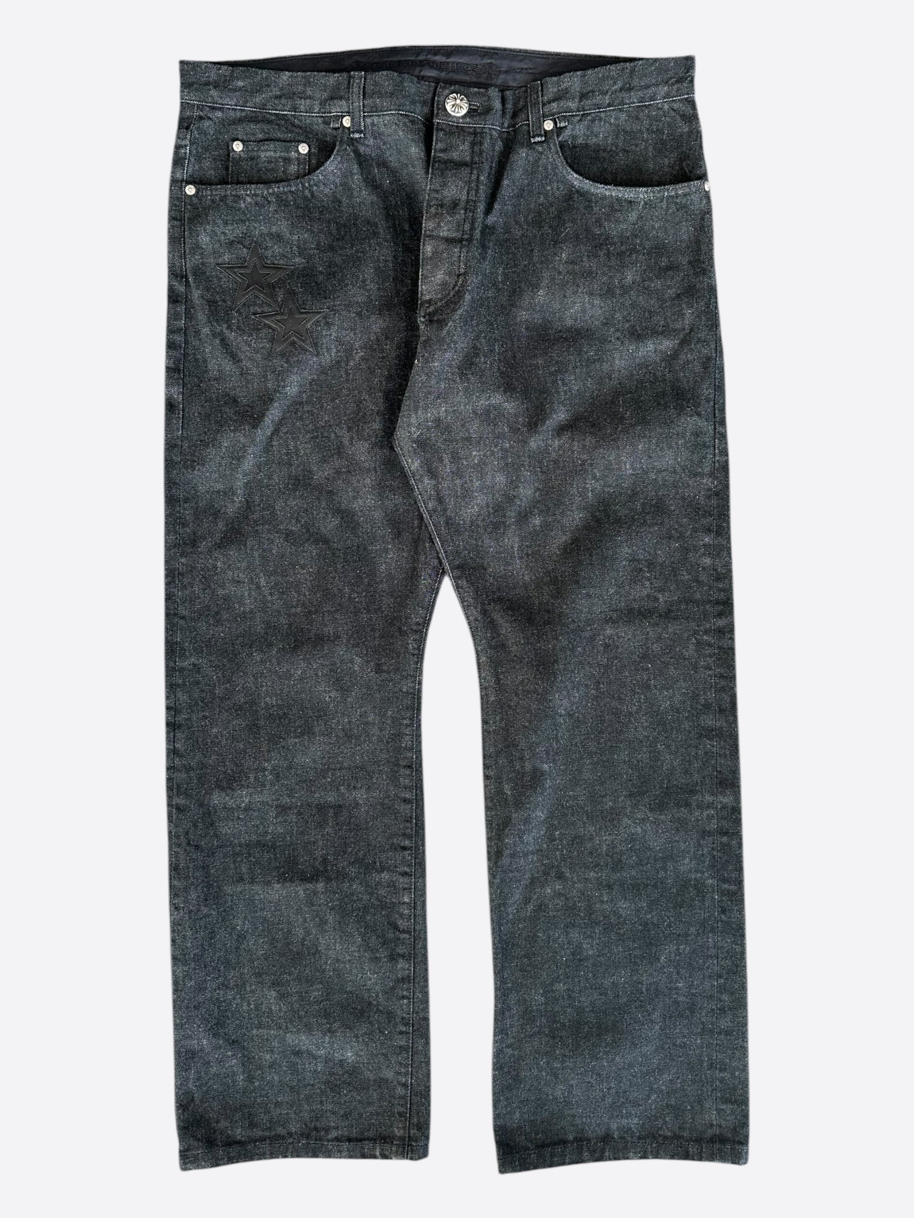 Chrome Hearts Grey & Black Star Patch Distressed Denim Jeans for Men - Edgy Streetwear & Casual Style | Perfect for Concerts, Parties & Urban Fashion