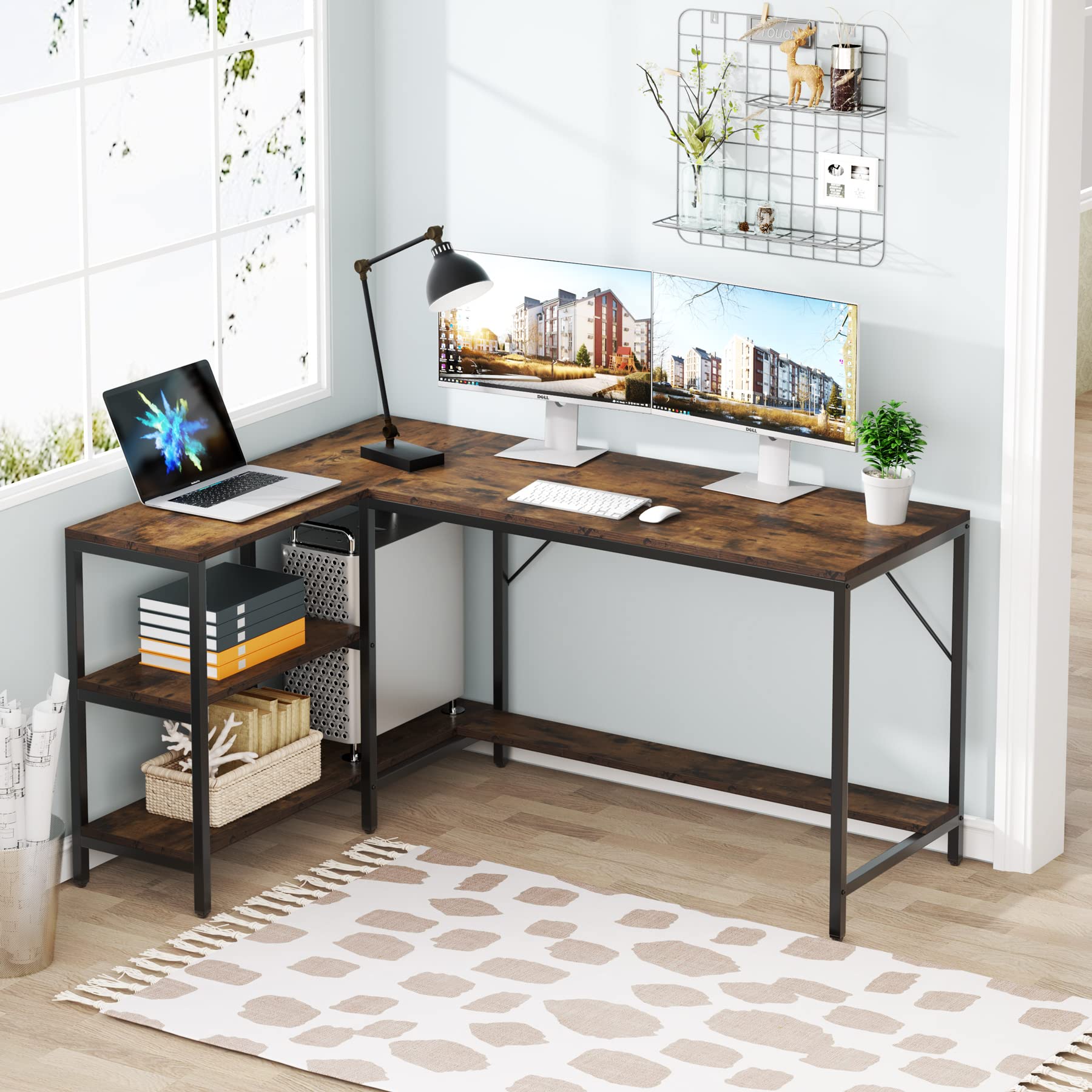 Tribesigns L-Shaped Computer Desk with Storage Shelves - Reversible Gaming Desk for Home Office, Study & Workstation - Rustic Brown Finish for Modern & Rustic Decor