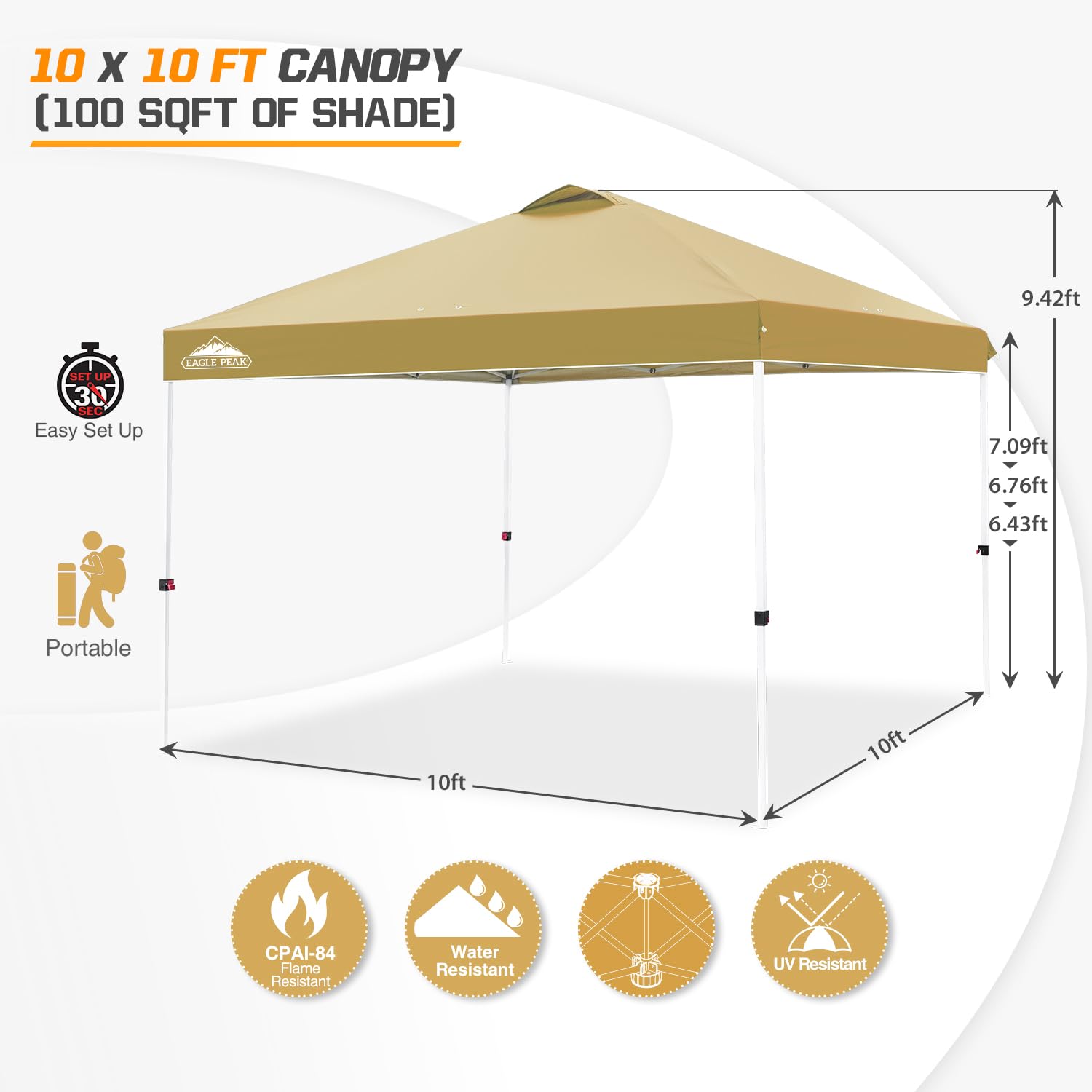 EAGLE PEAK 10x10 ft Pop Up Canopy Tent with Wheeled Carry Bag - Portable Instant Shelter for Outdoor Events, Beach, Camping & Backyard - Includes 8 Stakes, 4 Ropes & 4 Weight Bags - Easy Setup 100sqft Shade Canopy (Beige)