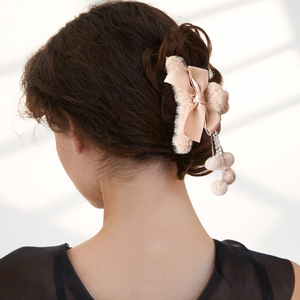 2 Pack Furry Big Bow Hair Clips with Pearl Pendant - Non-Slip Hair Claws for Women & Girls - Perfect for Thin to Thick Hair Styling, Fashion Accessories for Parties, Weddings & Everyday Wear