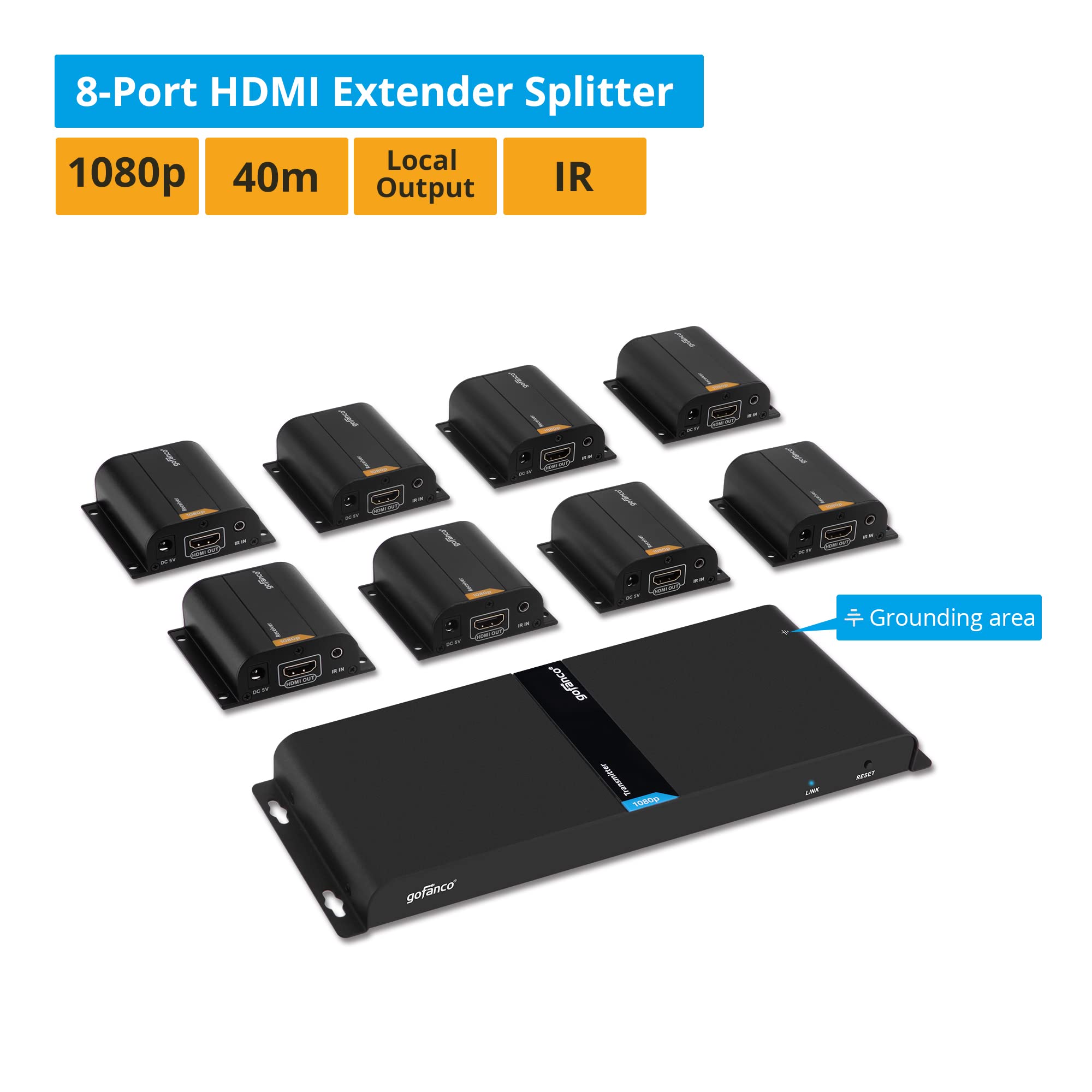 Gofanco 8 Port HDMI Splitter 1x8 - 1080p 60Hz HDMI Extender Over Cat5e/Cat6/Cat7 Ethernet Cable, IR Extension, Up to 130ft (40m) - Ideal for Home Theater, Conference Rooms & Multi-Screen Displays (HDMIExt8P)
