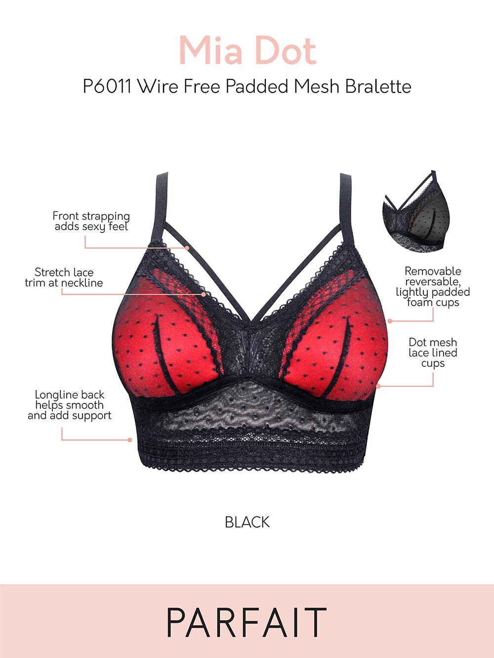 Parfait Mia Dot Wire-Free Padded Mesh Bralette - Comfortable Seamless Underwire Bra for Women, Black | Perfect for Yoga, Lounge & Everyday Wear