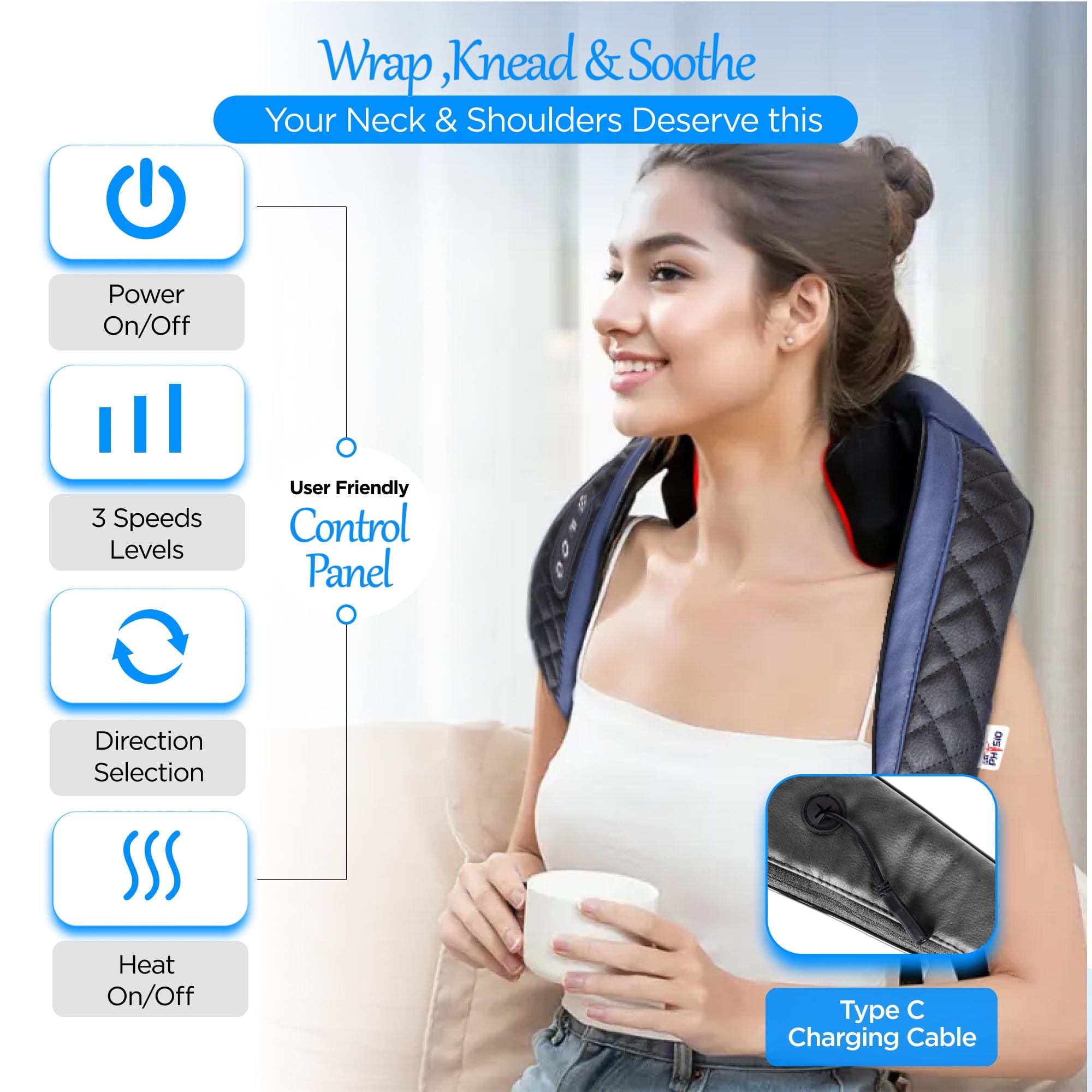 Rechargeable Neck Shoulder & Back Massager with Infrared Heat - Hands-Free Deep Tissue Shiatsu Massage Machine for Full Body Pain Relief - Perfect Gift for Men & Women - Ideal for Home, Office & Travel Relaxation