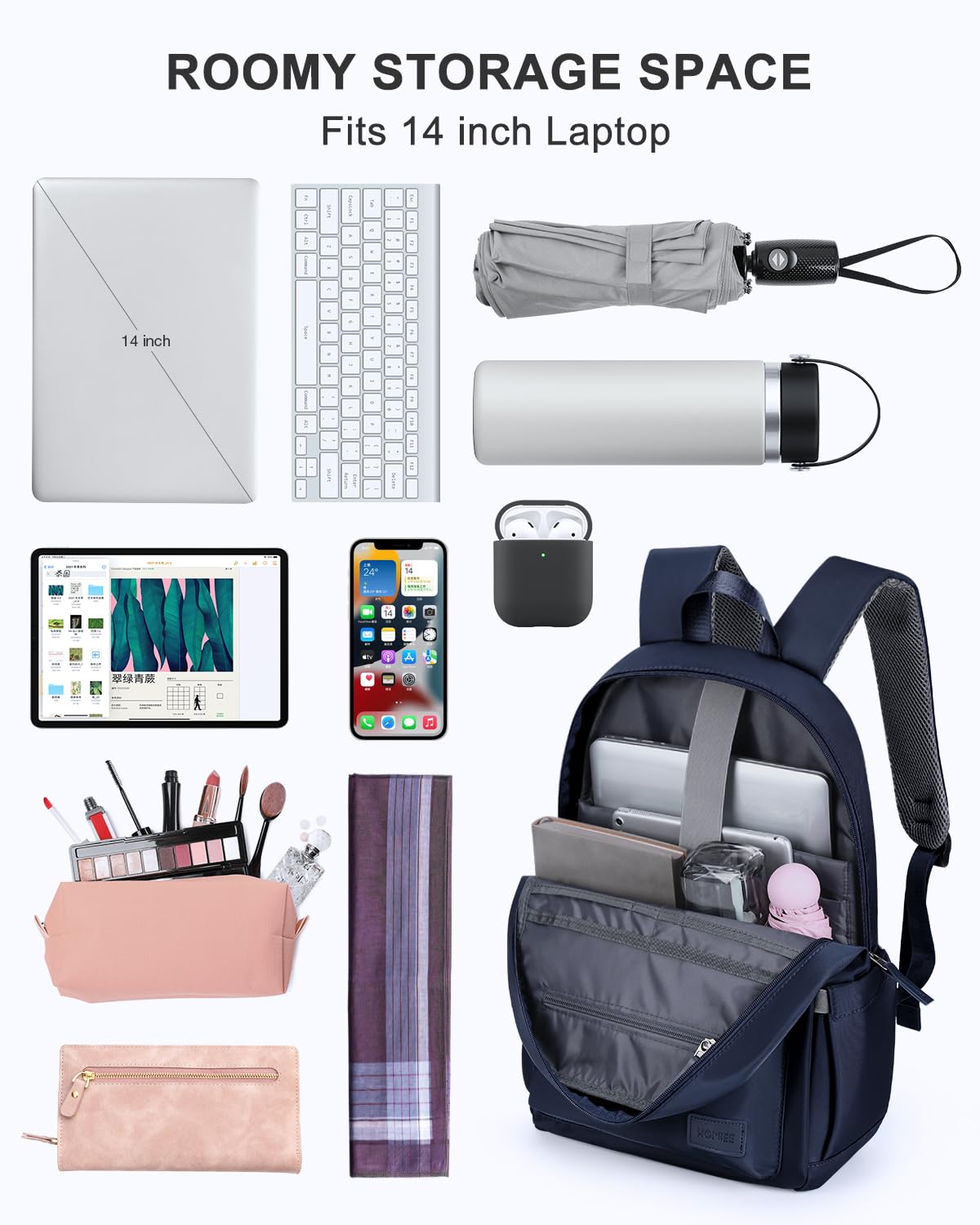 HOMIEE Lightweight Stylish Casual Backpack - Water Resistant Laptop Backpack for Men & Women - Perfect for Travel, School, Work & Everyday Use (Dark Blue) - Durable Daypack with USB Charging Port & Comfortable Shoulder Straps