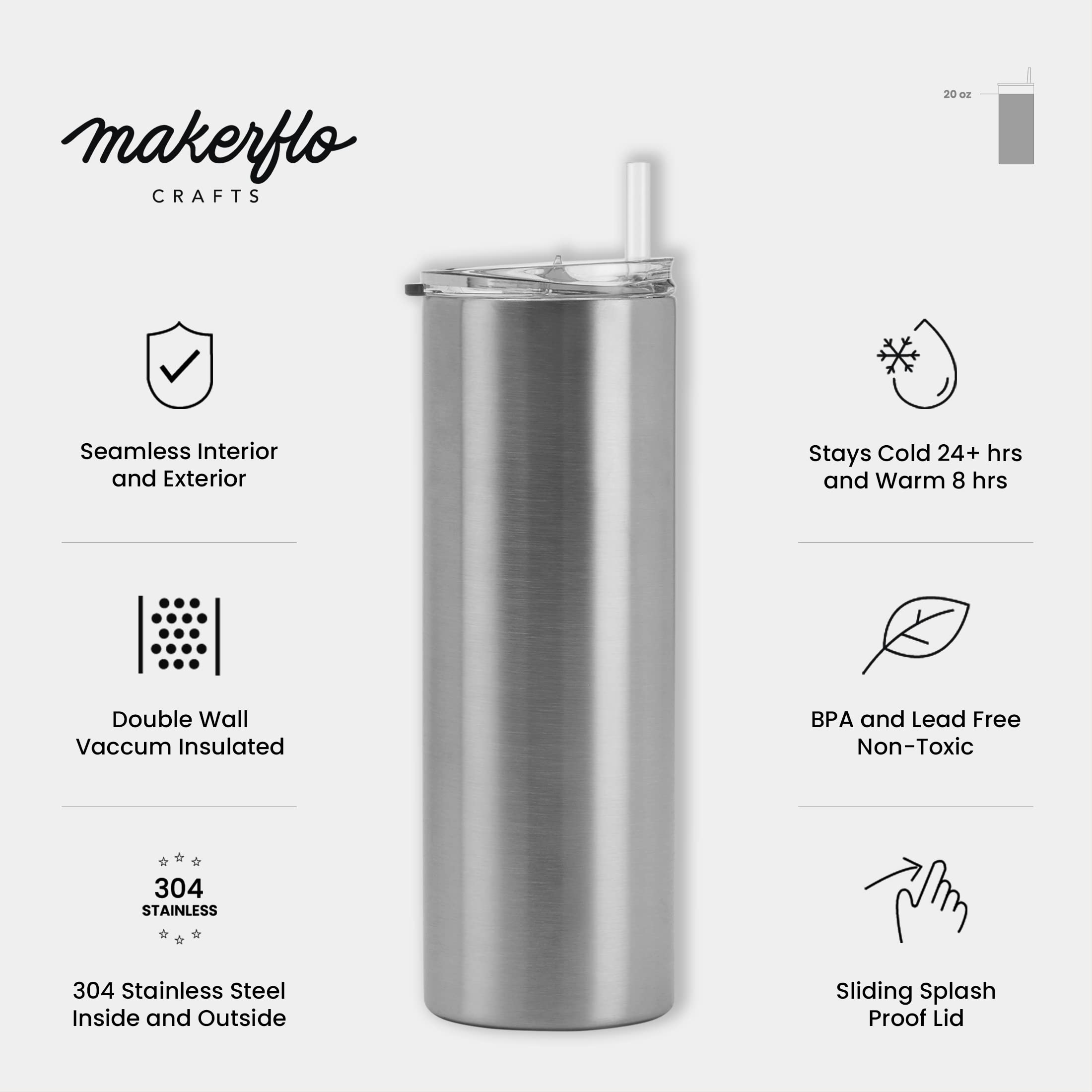 Makerflo Silver 20 oz Skinny Stainless Steel Tumbler with Lid & Straw - Bulk Pack of 25 | DIY Customizable Cups for Epoxy, UV DTF, Vinyl & Laser Engraving | Perfect for Crafters, Personalized Gifts & Promotional Events | Not for Sublimation