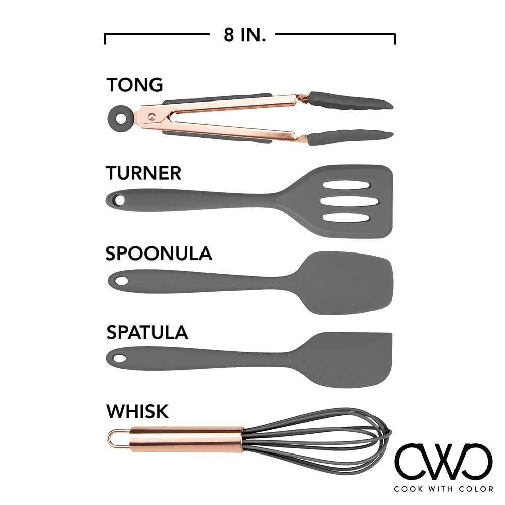 COOK WITH COLOR Silicone Cooking Utensils Set - Easy to Clean, Nonstick Kitchen Gadgets, Mini Gray Utensils for Baking, Frying, and Everyday Cooking