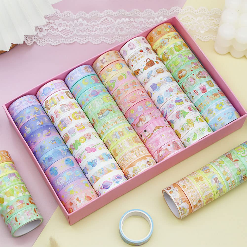 MAFELOE 60 Rolls Washi Tape Set - 2 Meters Long Decorative Adhesive Tape for Scrapbooking, Journaling, Bullet Journals, DIY Crafts & Home Decor - Cute Pink Box Design