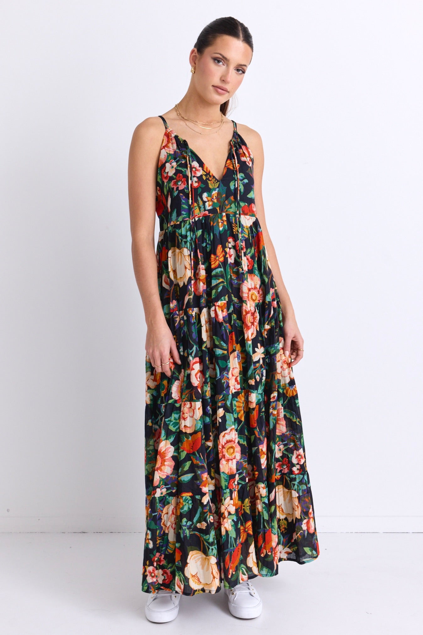 Elegant Black Floral Print Cotton Strappy Tiered Maxi Dress for Women - Perfect for Summer Vacations, Beach Parties & Date Nights