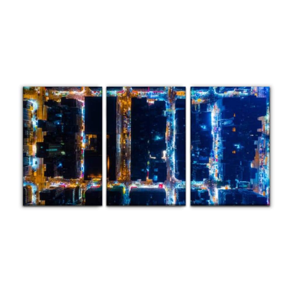 Modern Canvas Painting - Aerial Drone View of Kowloon Night Scene with City Lights and Highways - Eastern Wall Art Decor - Printed Oil Painting Landscape for Home, Office, Bedroom - Framed Set of 3 (16