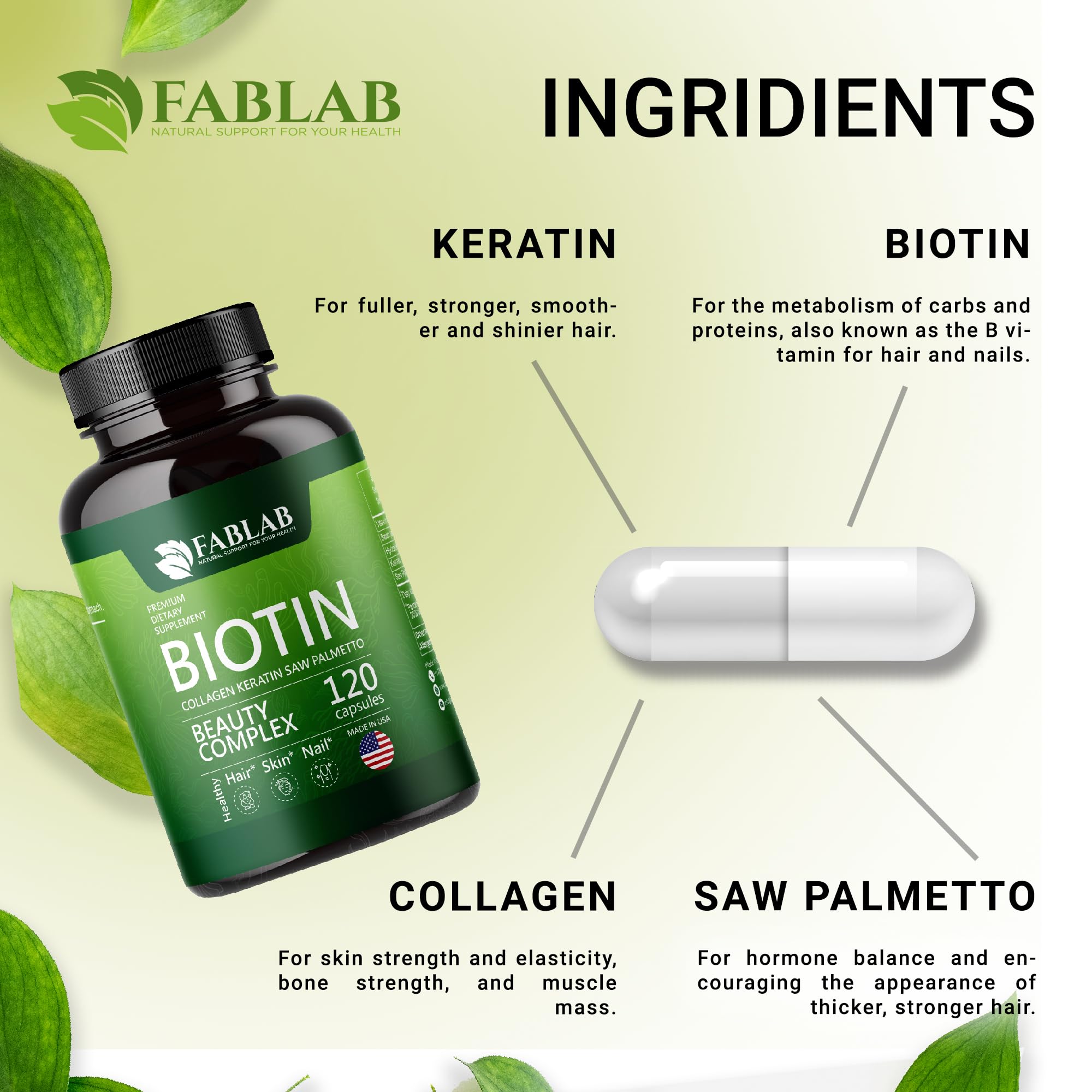 FabLab Biotin 10000 mcg with Collagen & Keratin - Hair Skin Nails Supplement for Women & Men - Supports Healthy Hair Growth, Strong Nails & Glowing Skin - Made in USA, 120 Capsules - Perfect for Daily Beauty Routine & Wellness Support