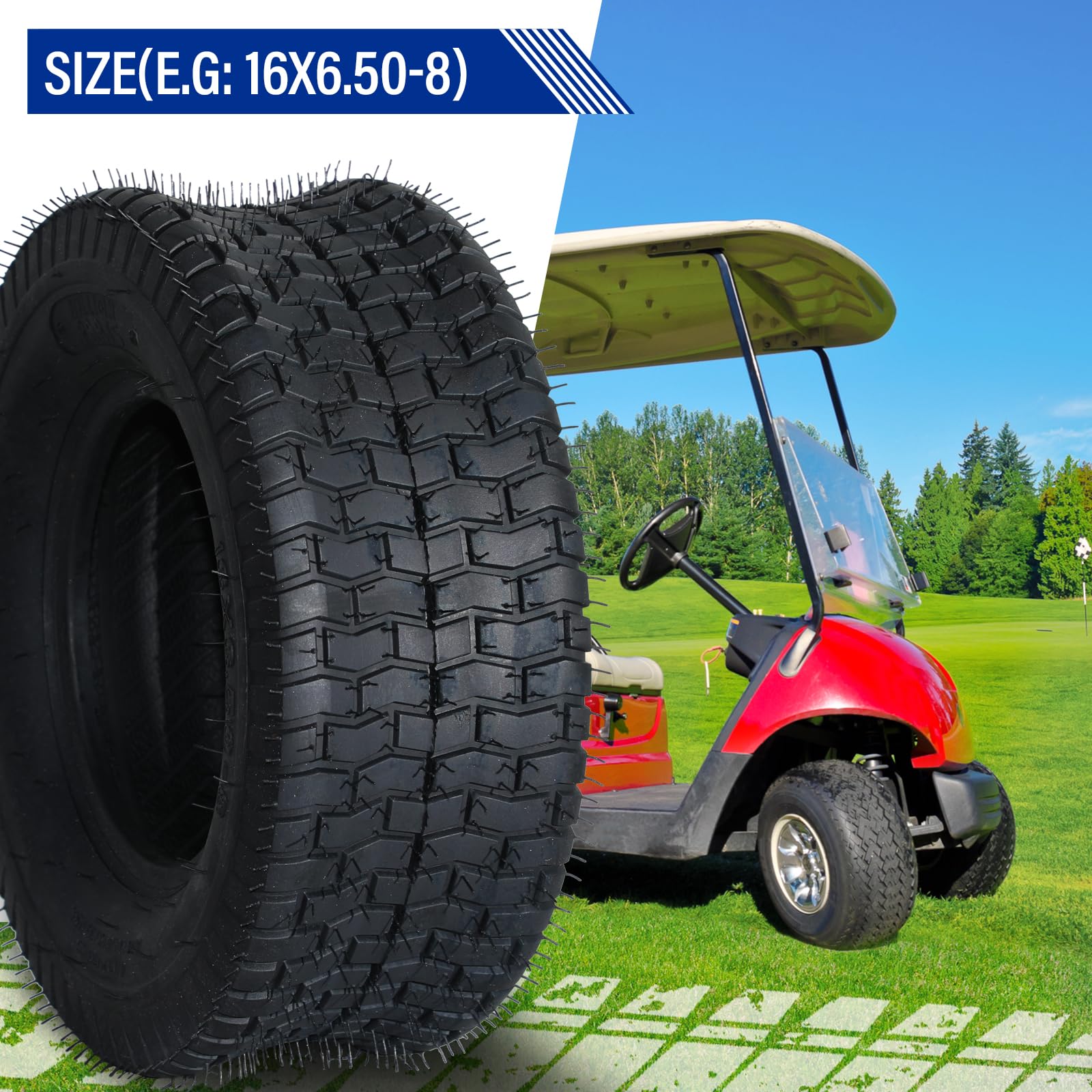 Set of 2 - 16X6.50-8 Tubeless Turf Tires for Lawn Mower & Garden Tractors - 2PR Heavy Duty - Perfect for Golf Carts, ATVs & Yard Equipment