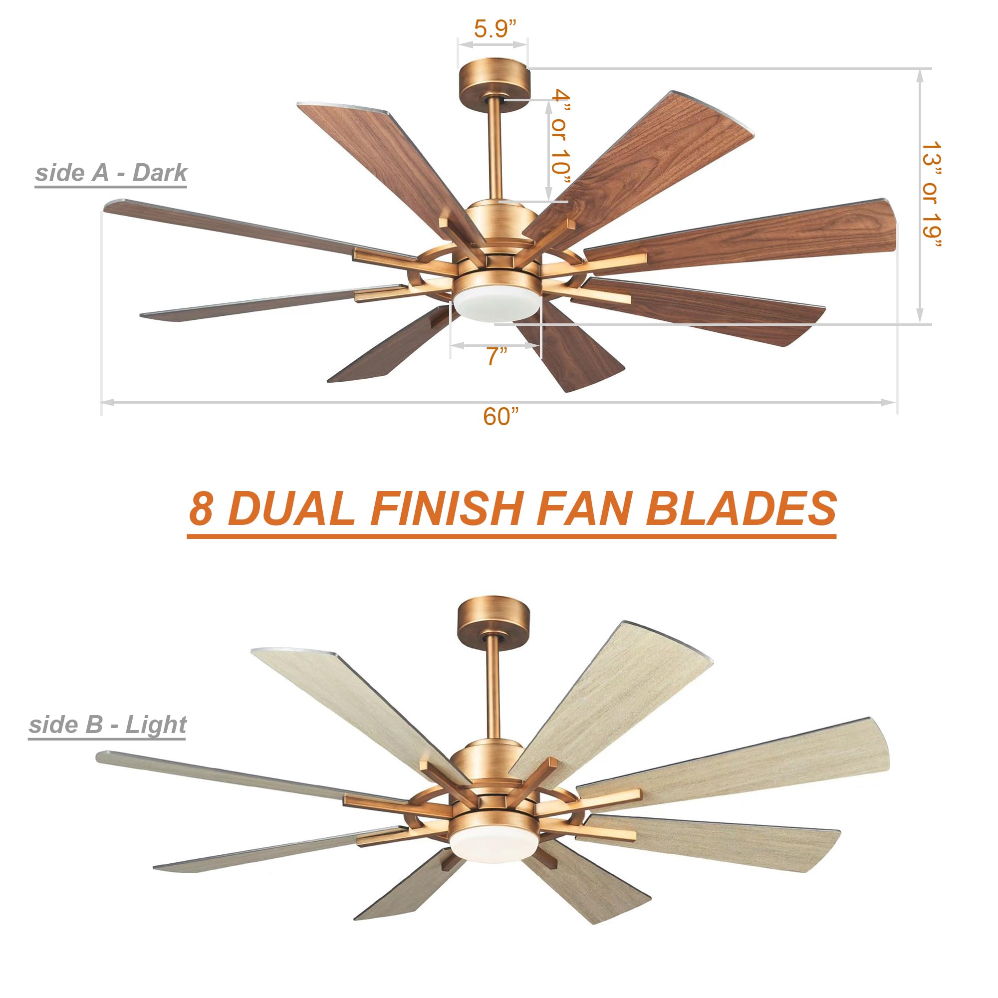 Parrot Uncle 60 Inch Large Outdoor Ceiling Fan with LED Light and Remote Control - Modern Copper Ceiling Fan for Patio, Porch, Deck, and Backyard - Energy Efficient Cooling & Lighting Solution