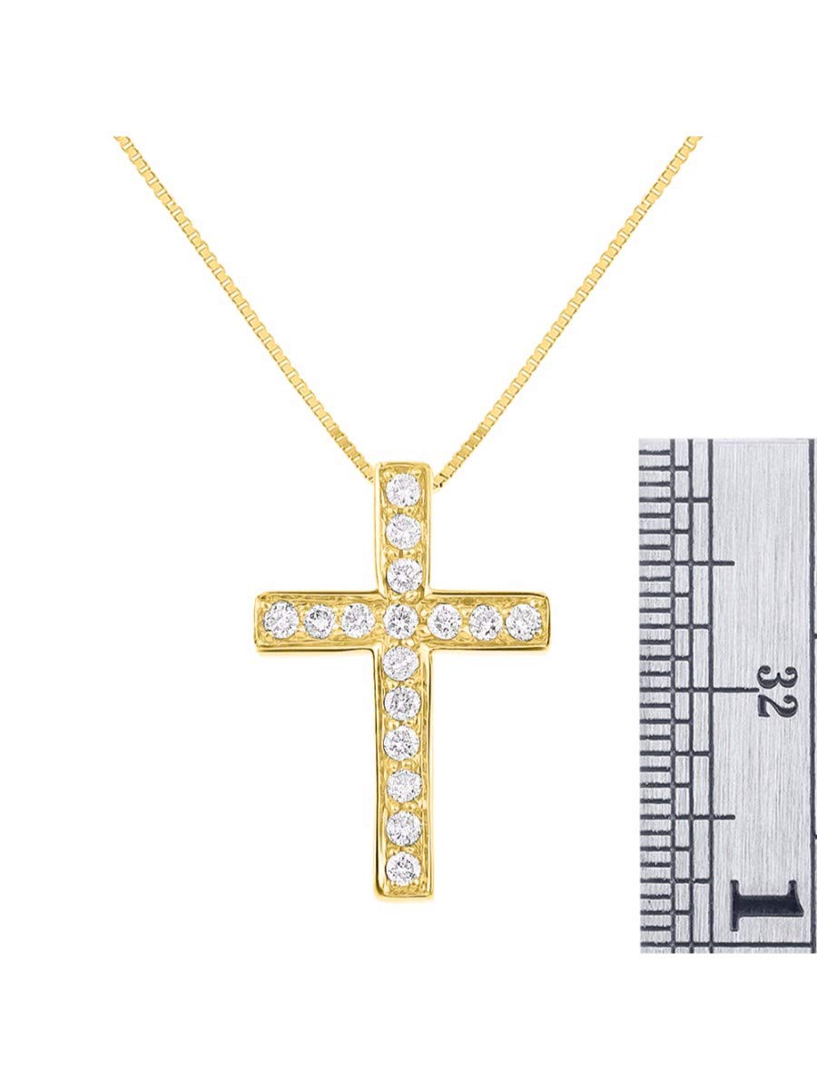 1/4 CTTW Diamond Cross Pendant Necklace - 14K Yellow Gold or White Gold with 18 Inch Solid Gold Chain - Perfect for Baptism, First Communion & Religious Gifts