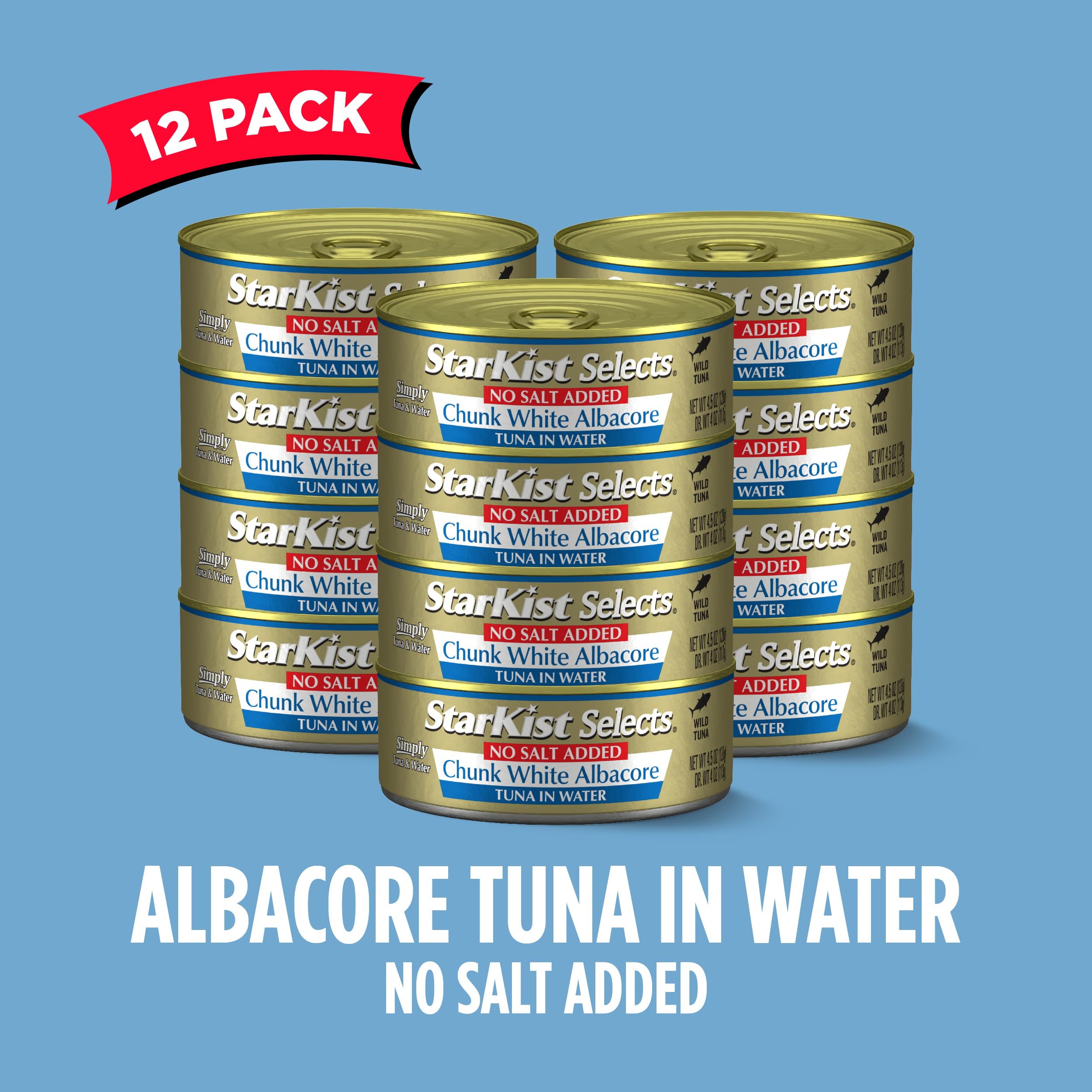 StarKist No Salt Added Chunk White Albacore Tuna in Water, 4.5 oz (12 Pack) - Wild Caught, Gluten Free, High Protein (30g per Can), Ready to Eat Canned Tuna - Perfect for Keto Diet, Salads, Sandwiches, Meal Prep & Healthy Snacks On The Go
