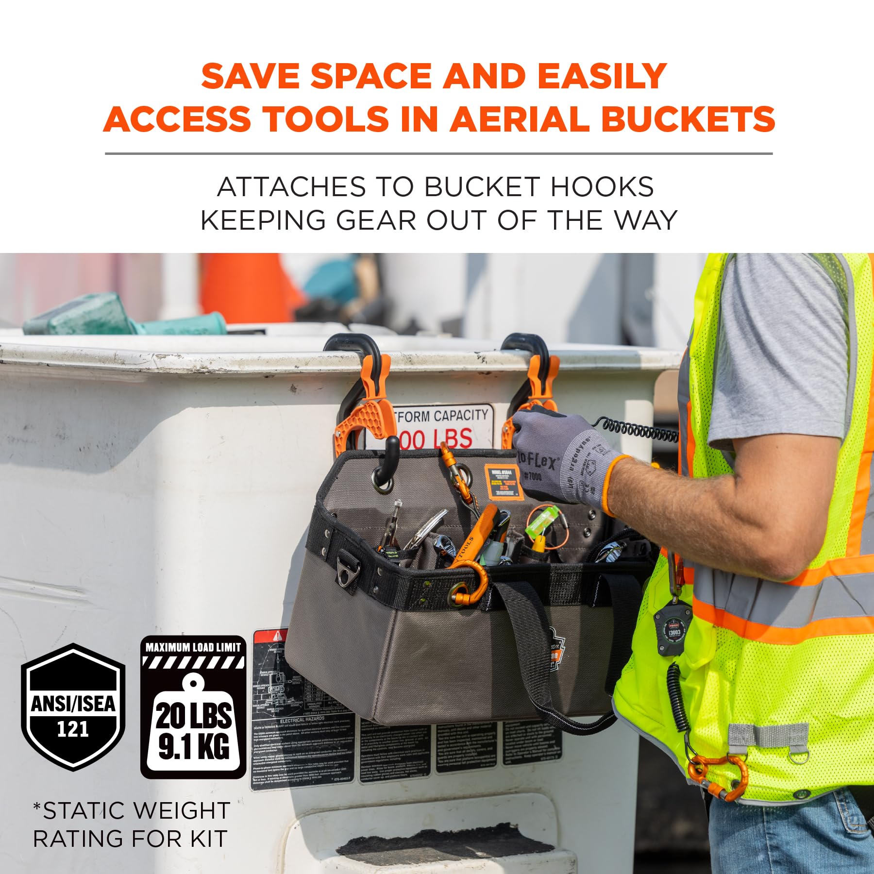 Ergodyne Arsenal 5846 Heavy Duty Bucket Truck Tool Bag with Locking Aerial Bucket Hooks - Durable Utility Pouch for Electricians & Linemen Working at Heights