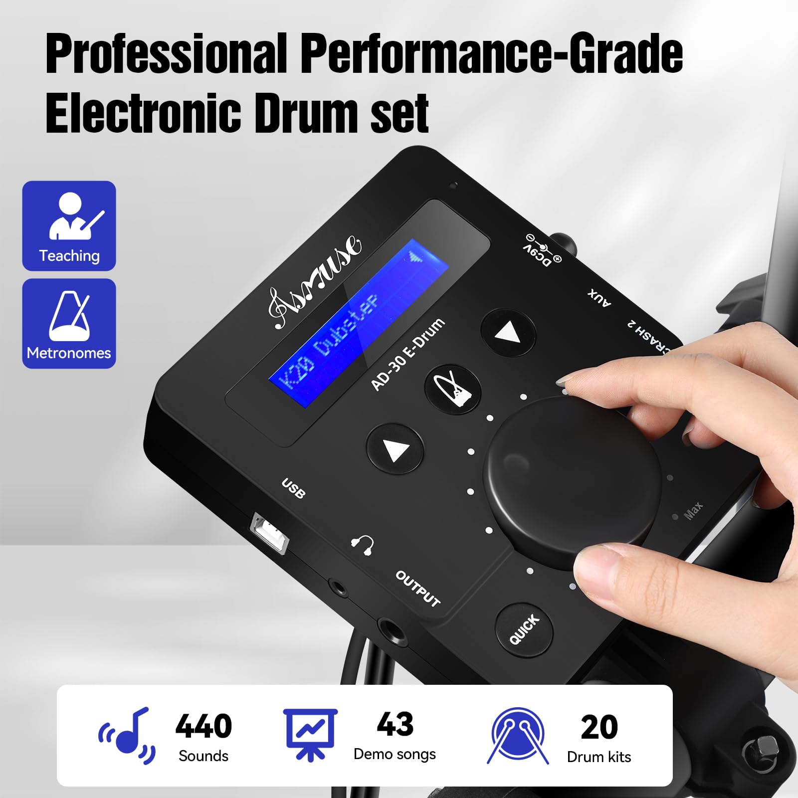 Asmuse AD-30 Electric Drum Kit with 4 Mesh Pads, Switch Pedals & Headphones - Electronic Drum Set for Beginners & Adults - Perfect for Home Practice, Studio Recording & Live Performance (Black)