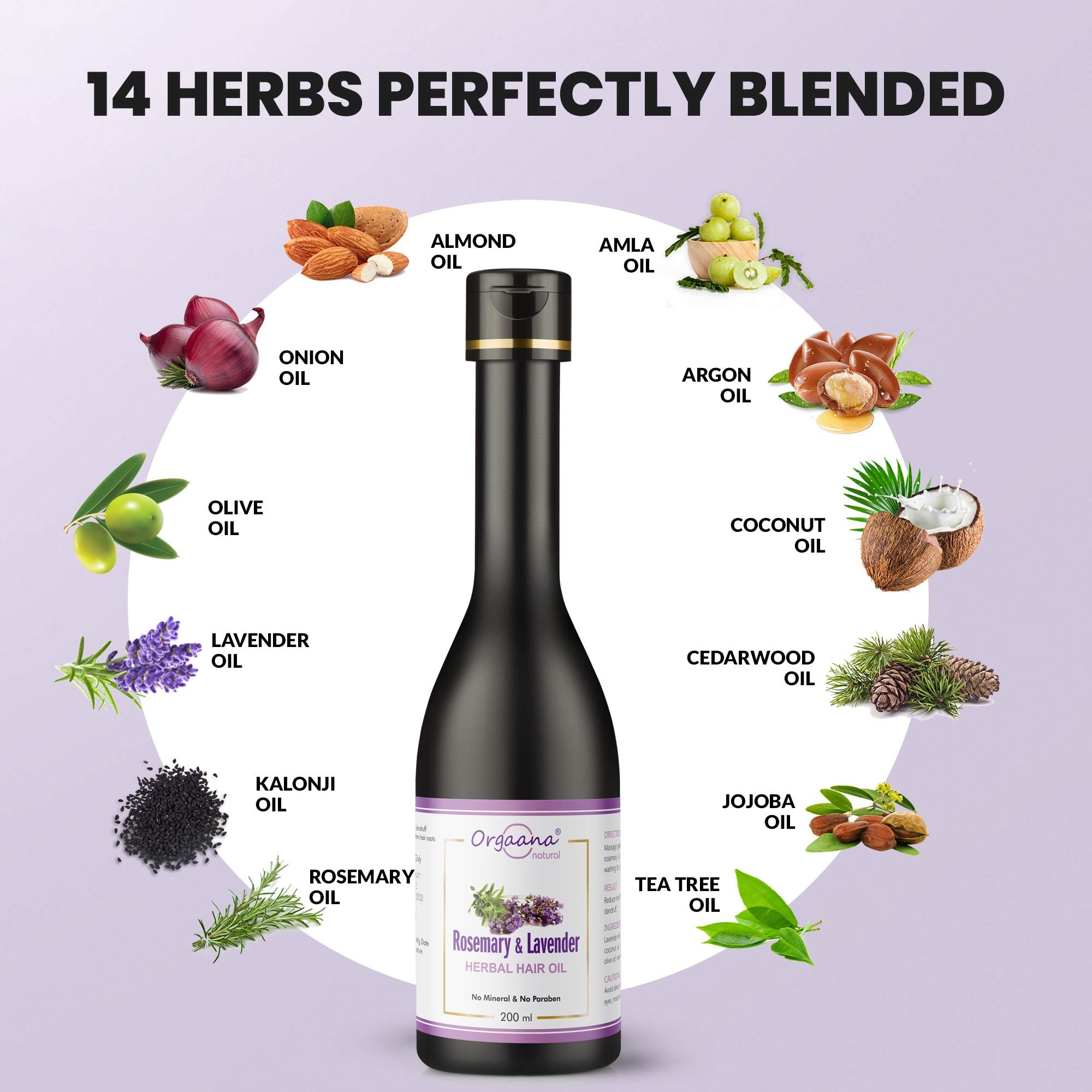 Orgaana Natural Rosemary & Lavender Herbal Hair Oil (200ml) - Promotes Hair Growth, Reduces Dandruff & Adds Shine - Perfect for Dry, Damaged Hair & Scalp Care - Daily Use for Healthy, Stronger Hair