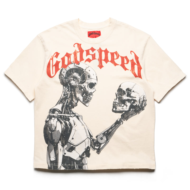Godspeed New York Mankind vs AI Graphic T-Shirt - Vintage Bone & Red Colors - Streetwear Fashion for Tech Enthusiasts & Sci-Fi Fans