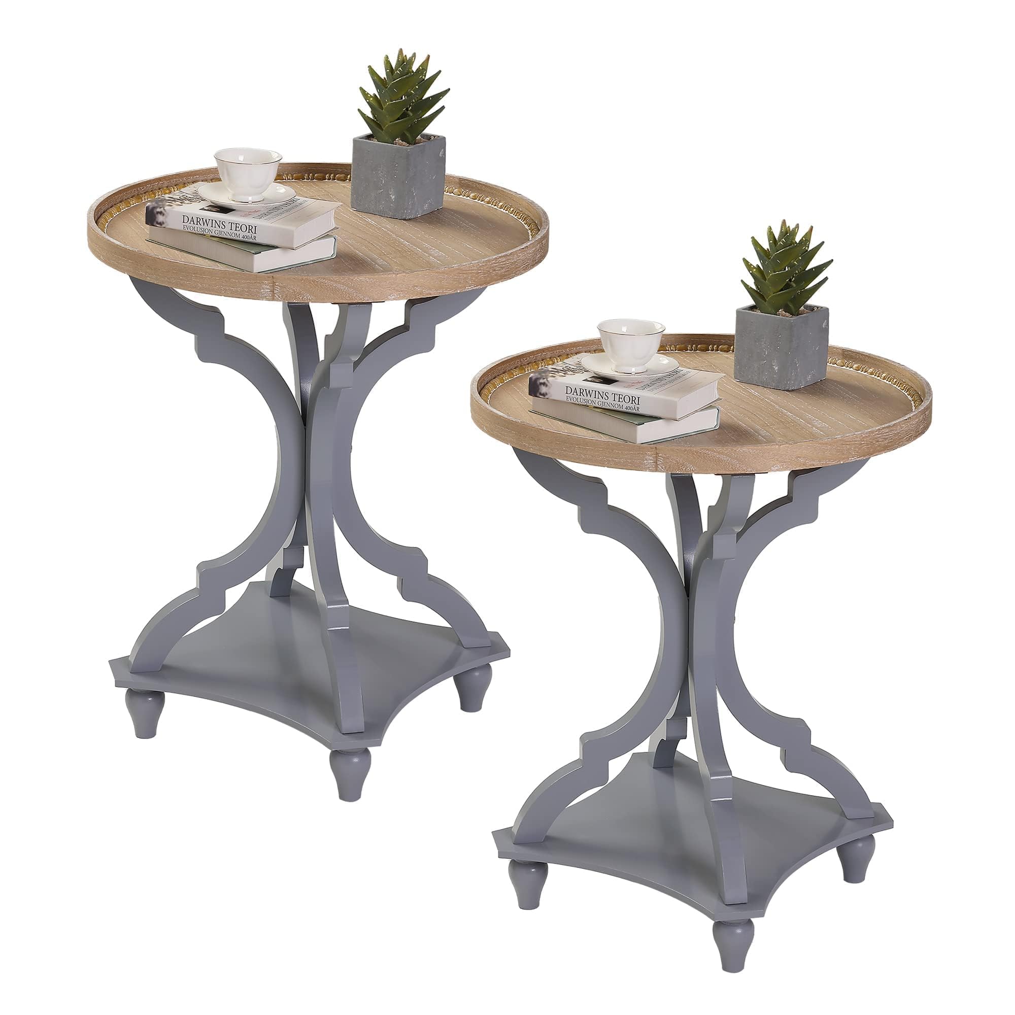 Wnutrees Farmhouse Round Accent End Table - Set of 2 Rustic Wood Side Tables with Tray Top for Living Room, Bedroom & Office - Handcrafted Grey Nightstands for Home Decor