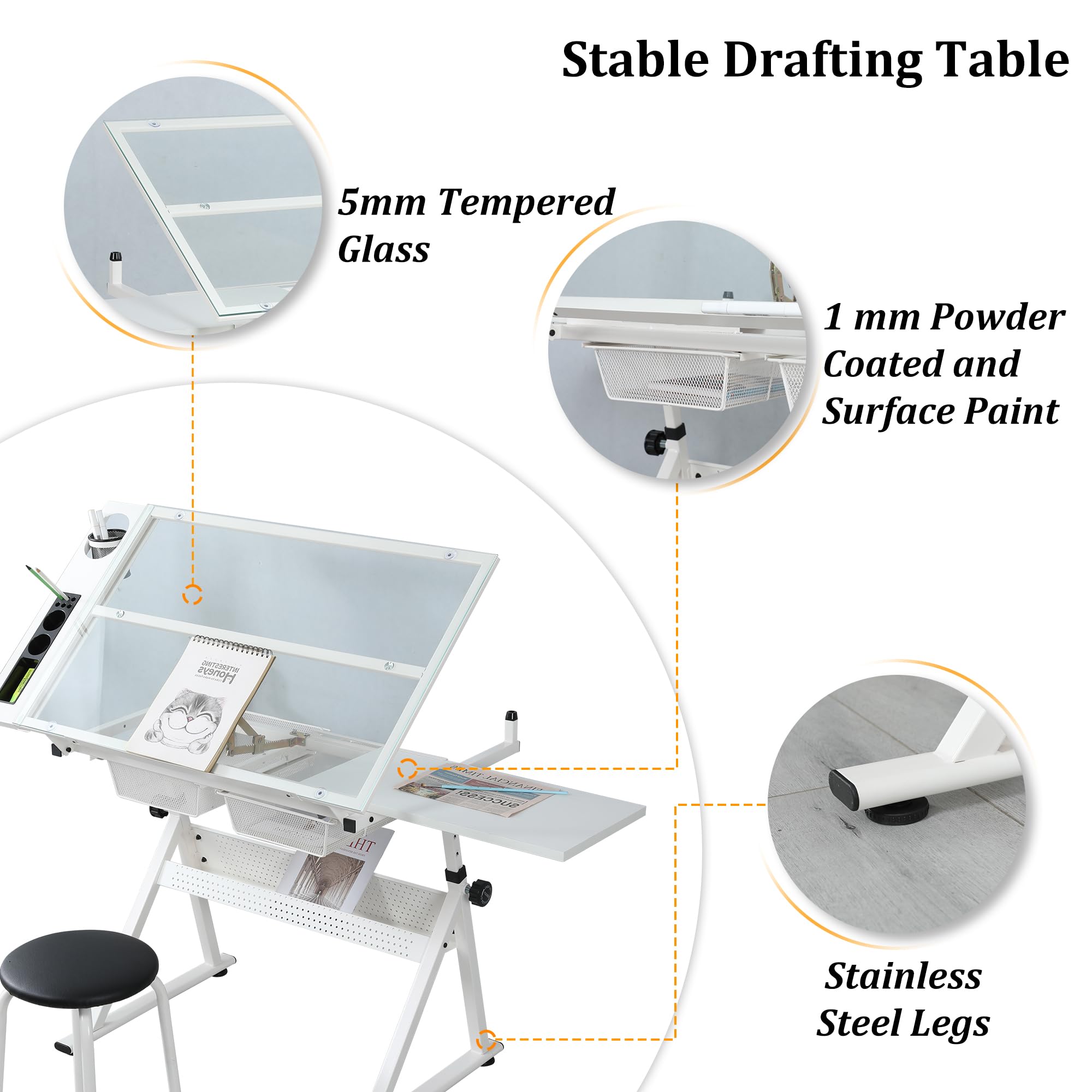 Olela Adjustable Height Drafting Desk with Tilting Tempered Glass Tabletop & Stool - Versatile Art Craft Painting Workstation for Artists, Designers & Hobbyists - Perfect for Drawing, Sketching, Painting & Home Office Workspace