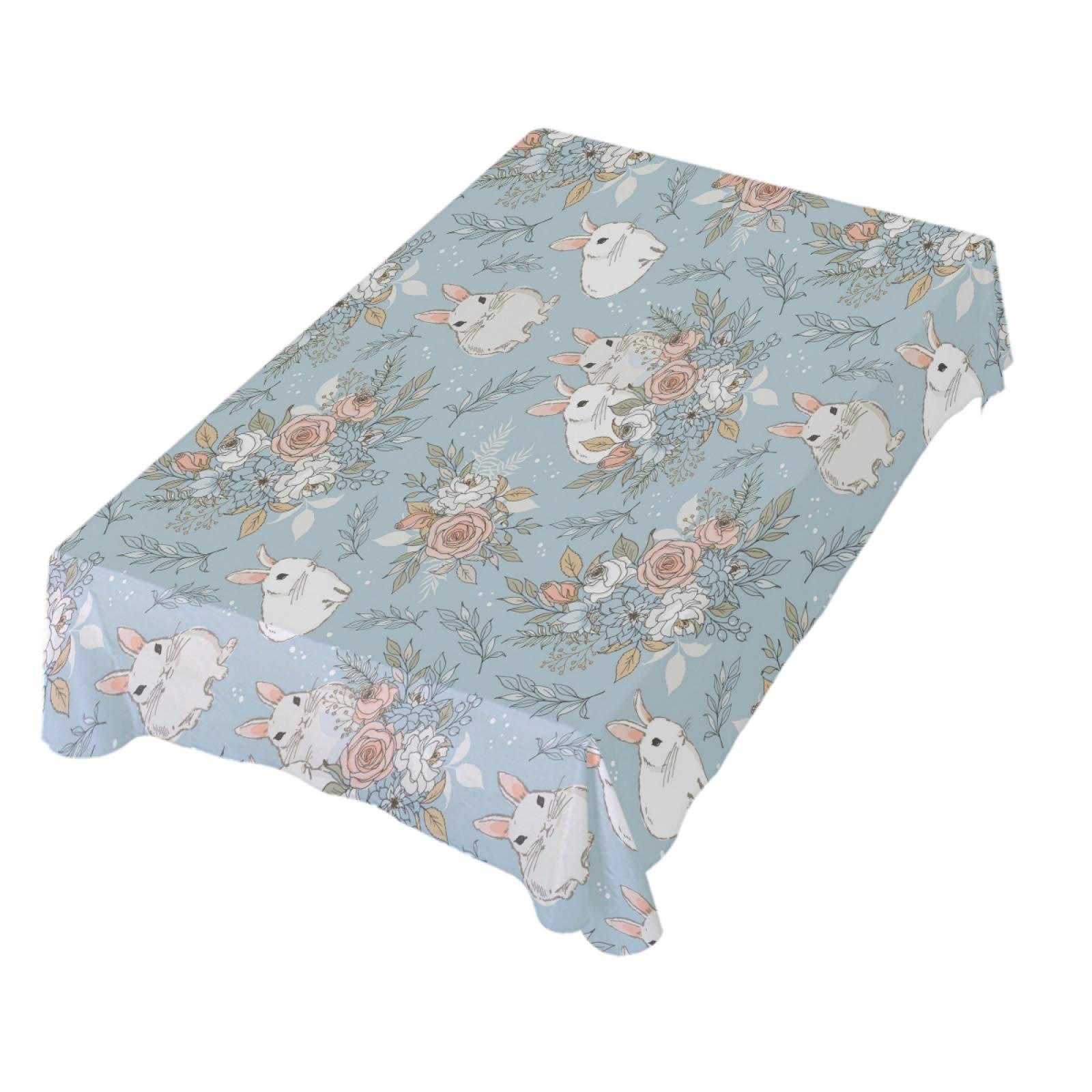 White Rabbit Floral Spring Rose Polyester Tablecloth 60x108 Inch - Elegant Rectangle Dining Table Decor for Parties, Weddings & Easter Celebrations