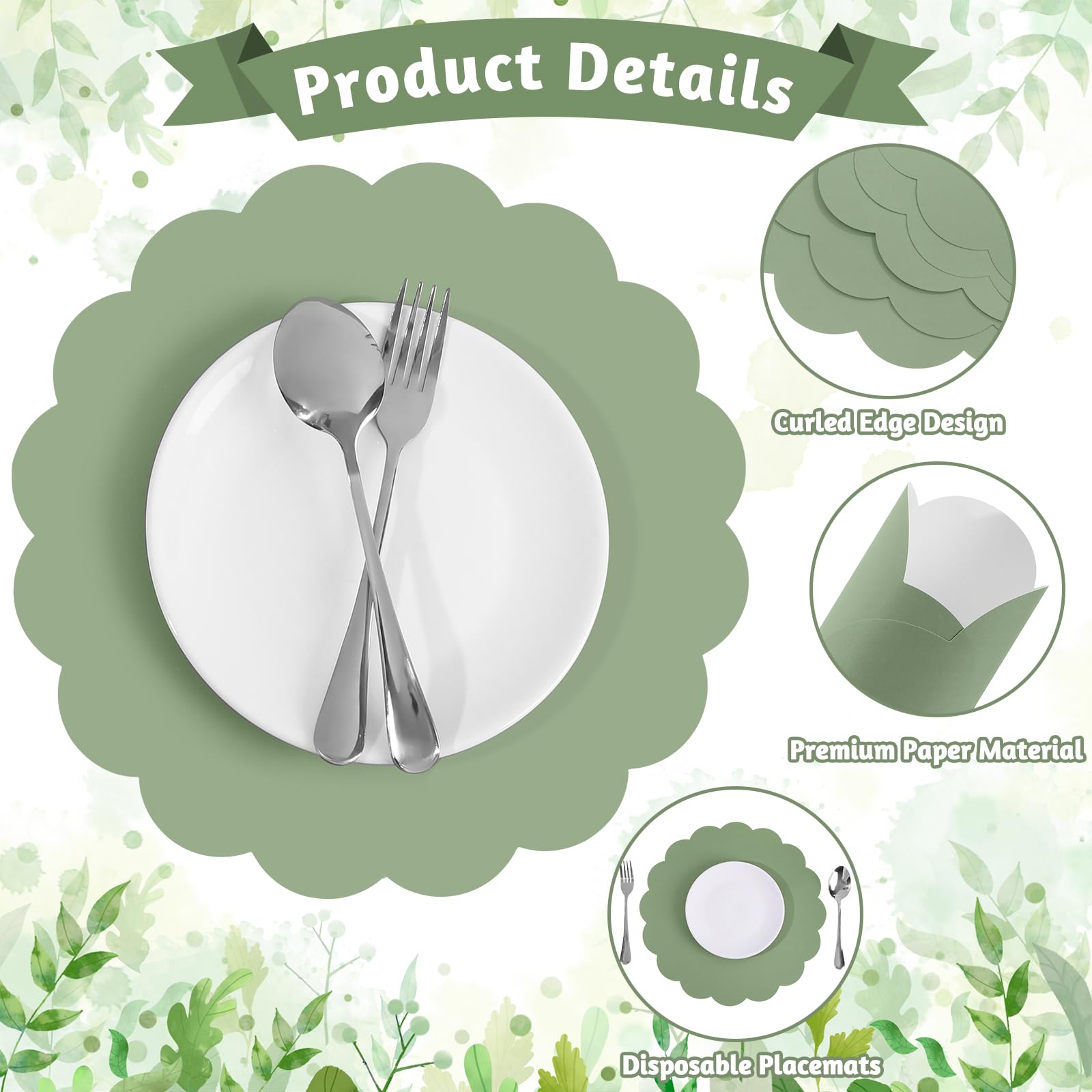 60 Pcs Sage Green Disposable Paper Placemats - 13.5 Inch Round Scalloped Edge Table Mats for Easter, Birthday, Wedding, Bridal Shower, Baby Shower & Tea Party Decorations - Elegant & Eco-Friendly Banquet Tableware