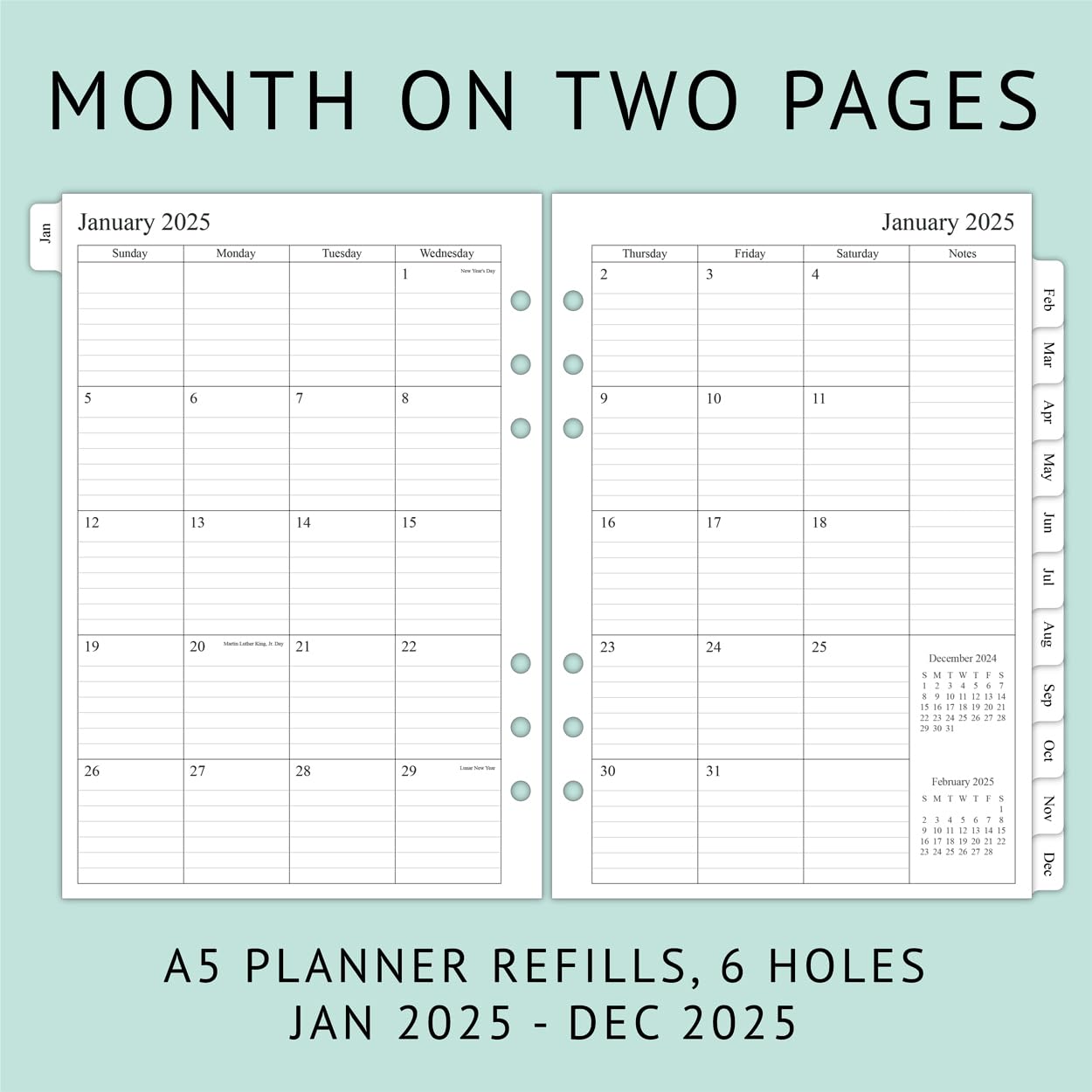 Newestor 2025 Weekly & Monthly Planner Refill for A5 Ring Binder - January 2025 to December 2025 Calendar - 5.75