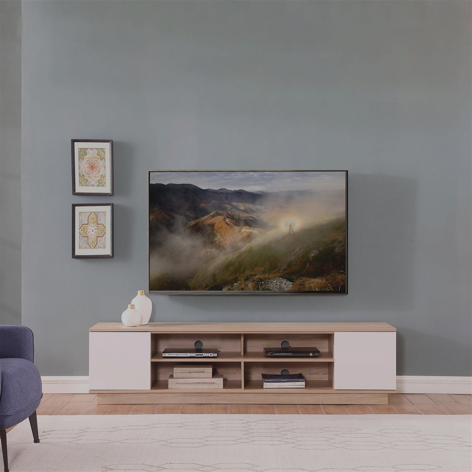 DELUX 200cm Oak & White TV Stand Entertainment Unit with Storage - Modern Media Console for Living Room, Home Theater & Gaming Setup