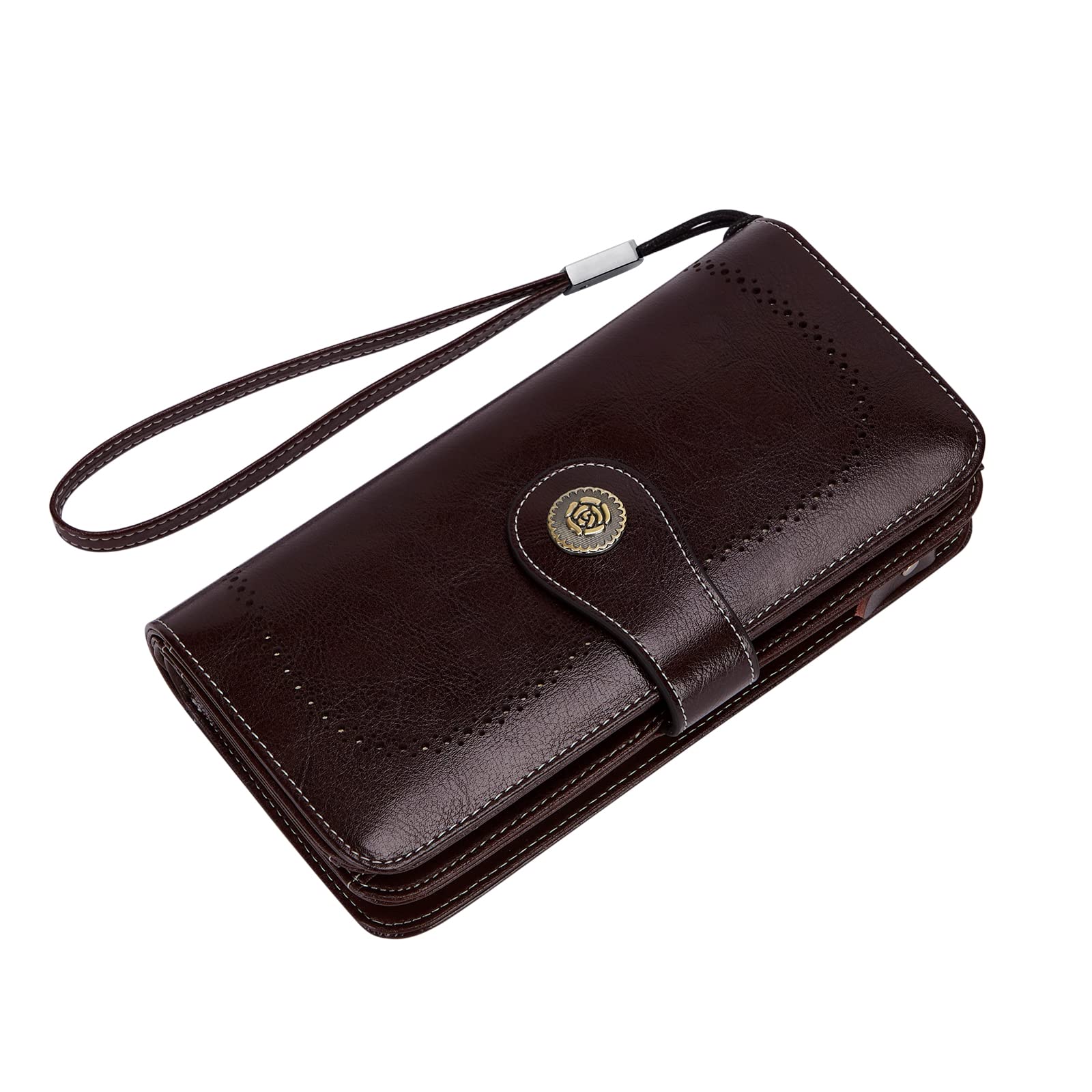 Cnoles Women's Genuine Leather RFID Blocking Wallet - Large Capacity Wristlet Clutch Purse with Credit Card Slots (Brown) | Perfect for Everyday Use, Travel & Shopping
