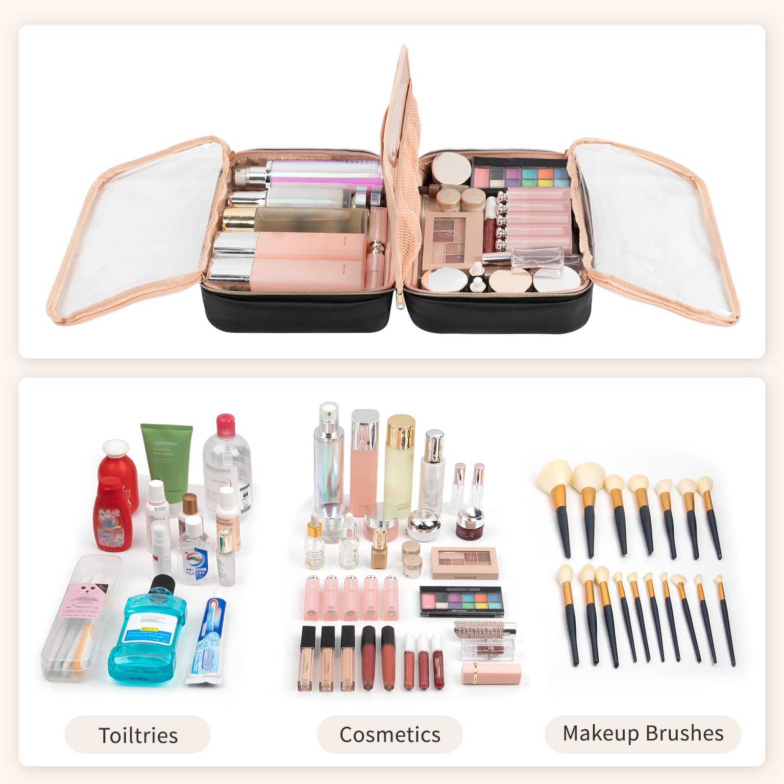 OCHEAL Waterproof Makeup Bag for Travel, Large Capacity Cosmetic Organizer with Brush Compartment - Black, Perfect for Women's Toiletry & Beauty Essentials