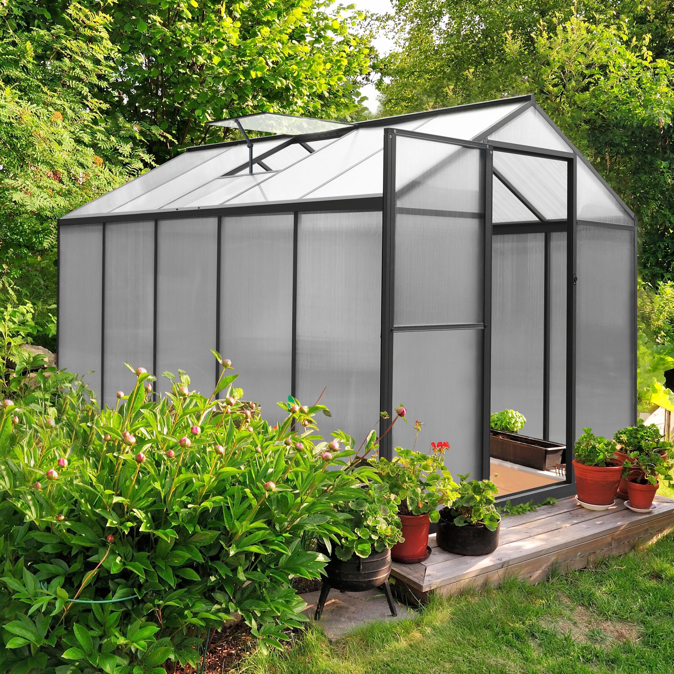 6x10 FT Polycarbonate Aluminum Greenhouse Kit - Walk-in Outdoor Garden Greenhouse with Lockable Door & Adjustable Roof Vent - Perfect for Winter Gardening, Backyard Plant Protection & Year-Round Growing (Gray)
