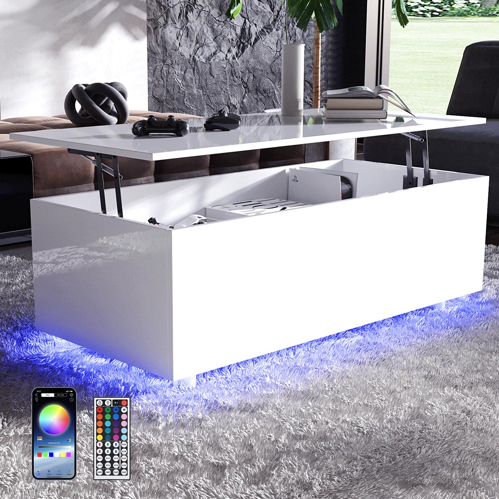 High Gloss Lift Top Coffee Table with LED Lights - Modern White LED Coffee Table with Storage Shelf & Hidden Compartment for Living Room, Reception Area & Office - Perfect for Entertaining, Remote Work & Home Decor