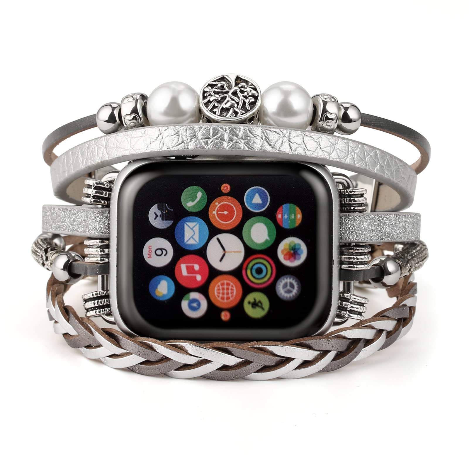 Boho Leather Apple Watch Band Compatible with Series 10/9/8/7/6/SE/Ultra 2/5/4/3/2/1 - Adjustable Wrap Strap for 38mm 40mm 41mm 42mm 44mm 45mm 46mm 49mm - Fashionable Unisex Accessory for Work, Gym & Everyday Wear