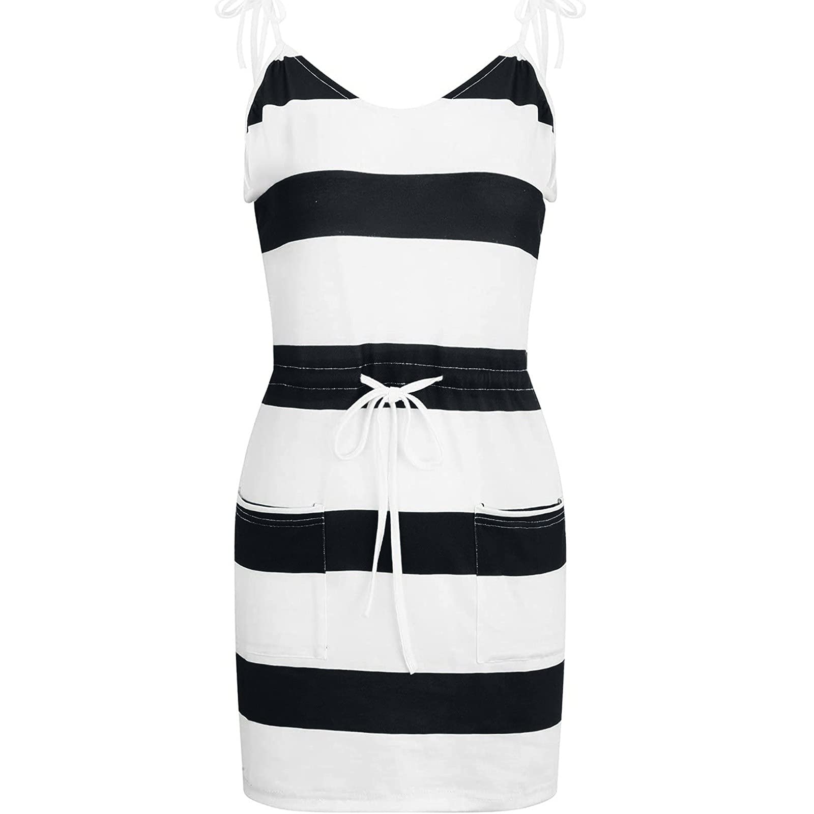 WANLID Women's White Summer Dress - Loose Fit Drawstring Stripe Contrast Camisole Short Sleeve Dress, Sizes S-3XL | Perfect for Beach Vacation, Casual Outings & Summer Parties