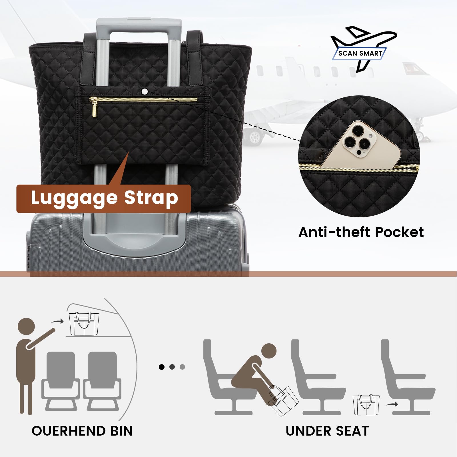 LOVEVOOK 17 Inch Diamond Quilted Laptop Tote Bag for Women - Stylish Work & Travel Computer Shoulder Bag, Professional Briefcase & Handbag with Clutch Purse (Black) - Perfect for Office, Business Trips & Daily Commute