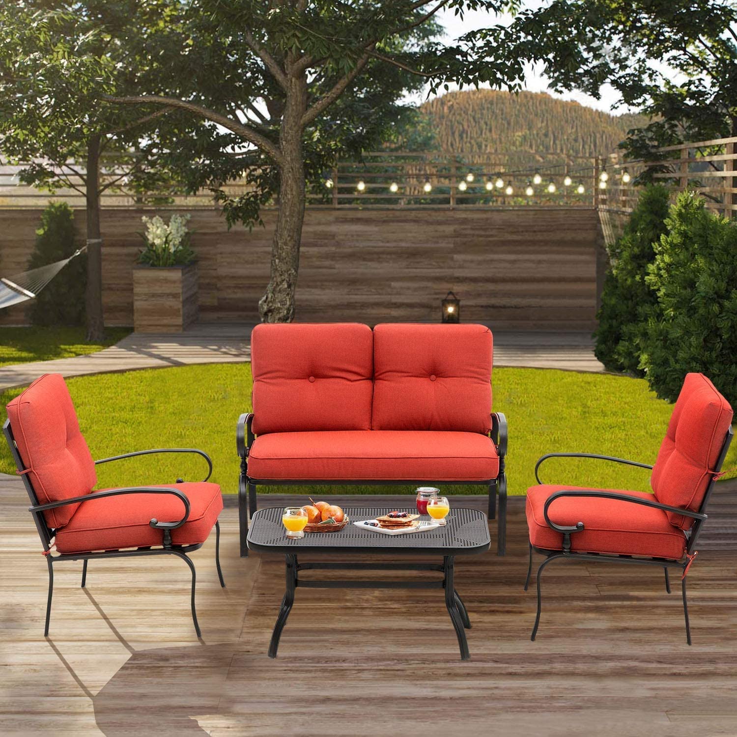 Outdoor Patio Conversation Set - 2 Chairs, Loveseat & Coffee Table with Cushions, Wrought Iron Look Metal Furniture for Garden, Lawn, Front Porch (Red) - Perfect for Backyard Relaxation & Outdoor Entertaining