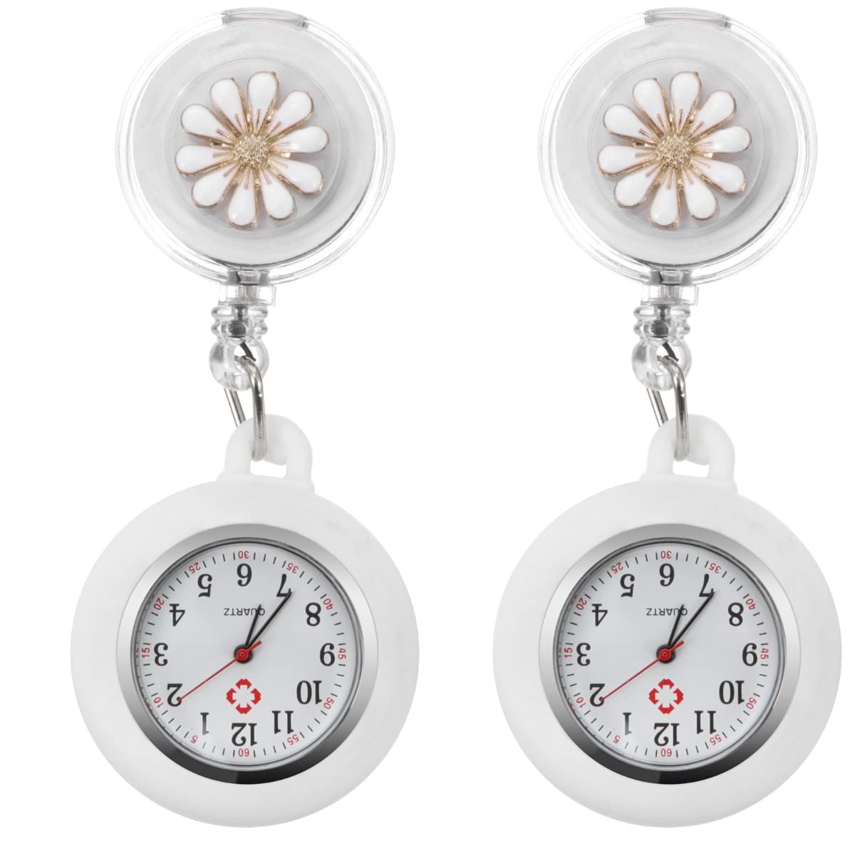POPETPOP Retractable Nurse Watch - Clip On Portable Pocket Watch with Silicone Cover for Women & Nurses (2 Pack, White) - Perfect for Medical Professionals, Students & Healthcare Workers
